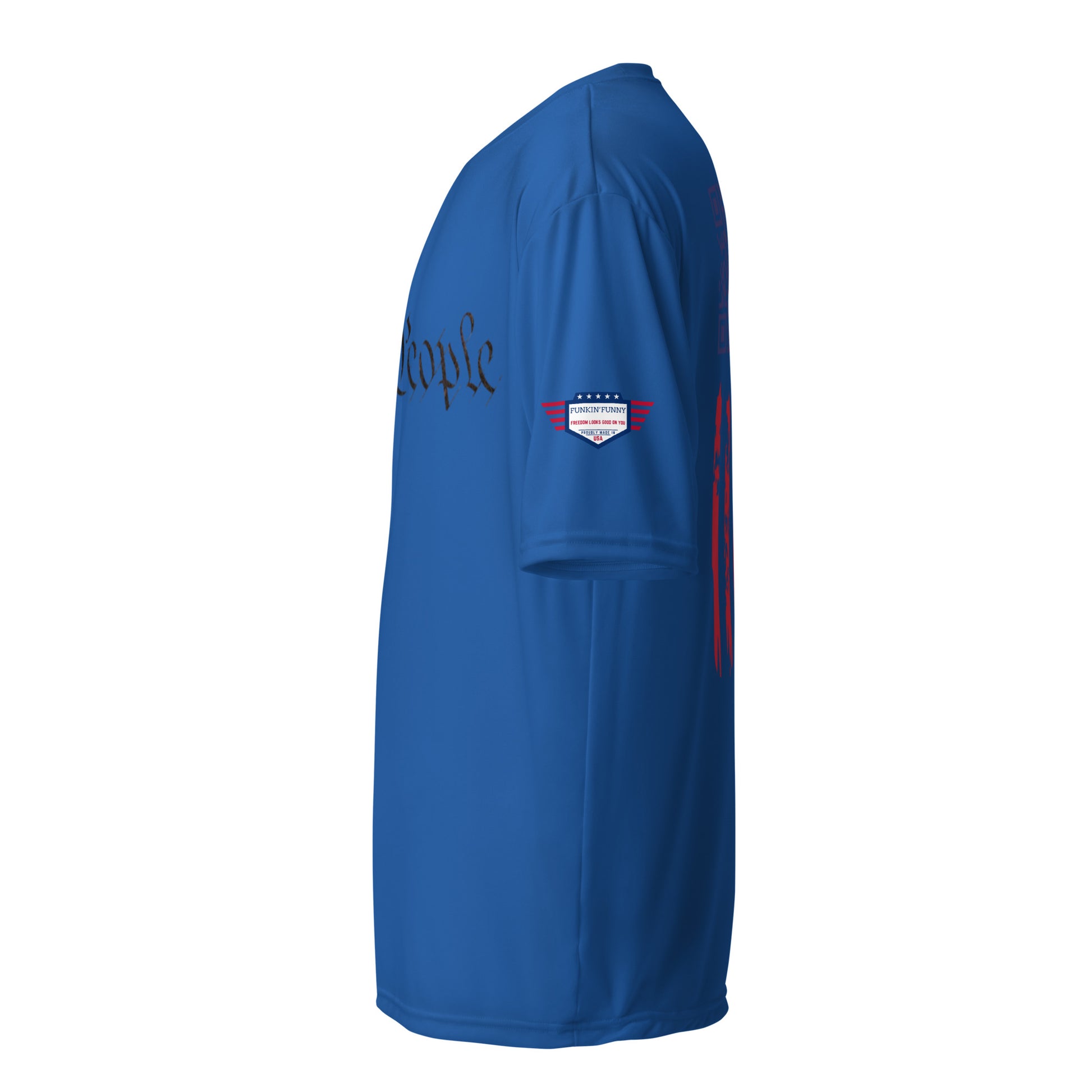 Side profile of royal blue performance t-shirt with partial "We the People" text, flag patch, red stripe hint