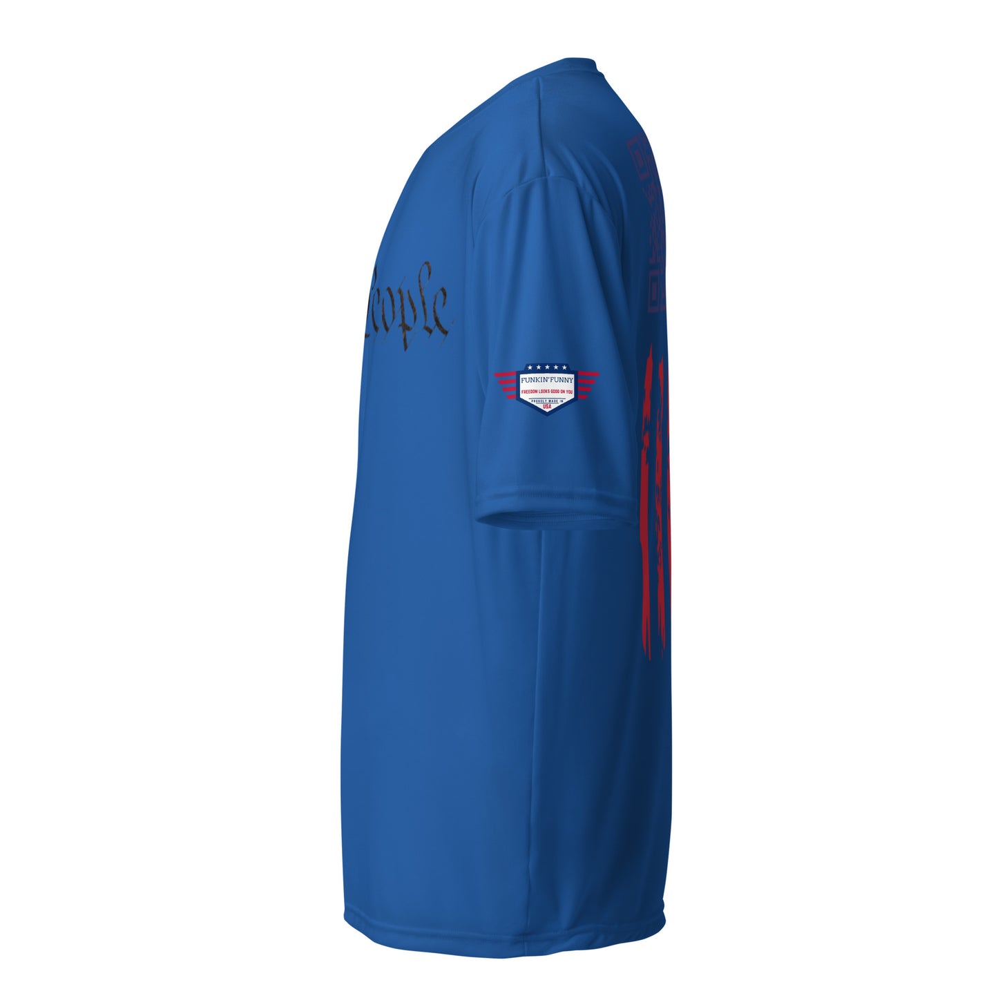 Left side view of royal blue tee with partial script, flag patch, and red stripe vibes