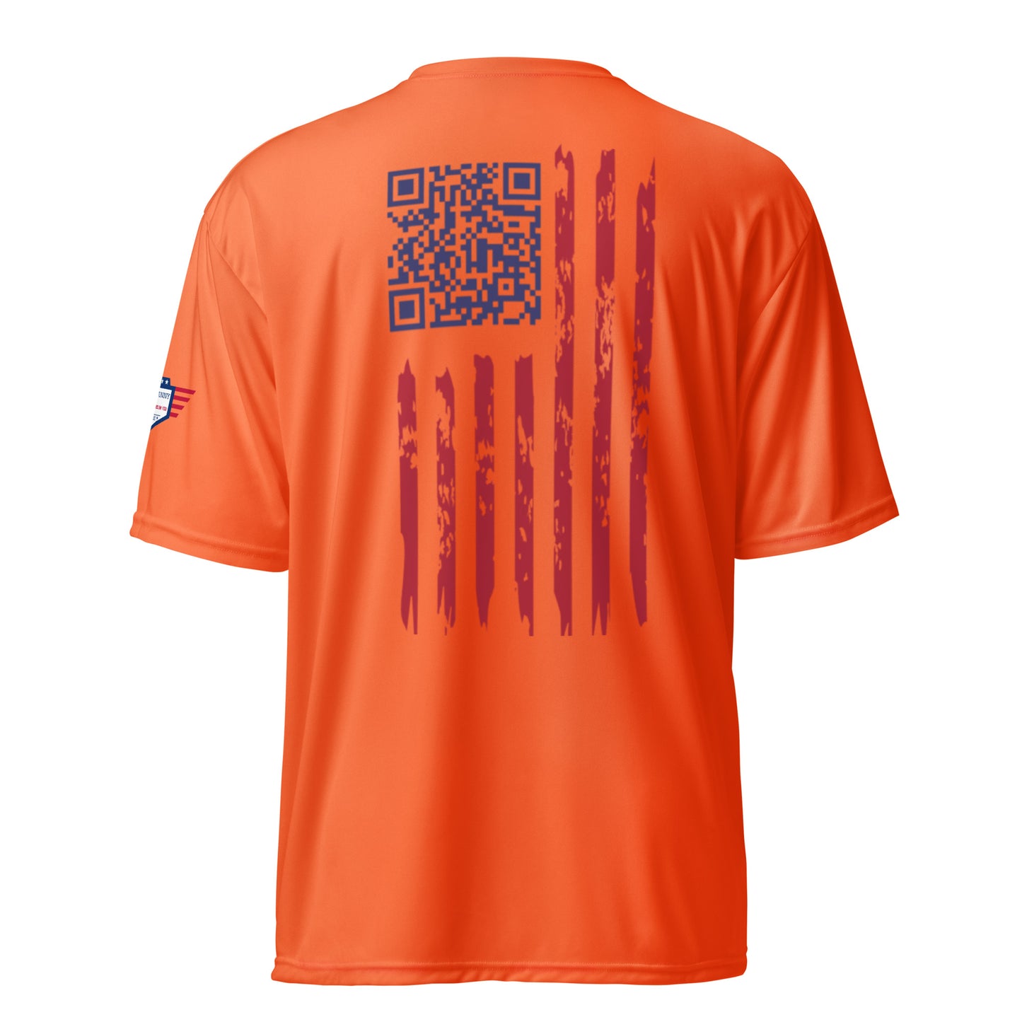 Back view of safety orange t-shirt with blue QR code embedded in rugged American flag print
