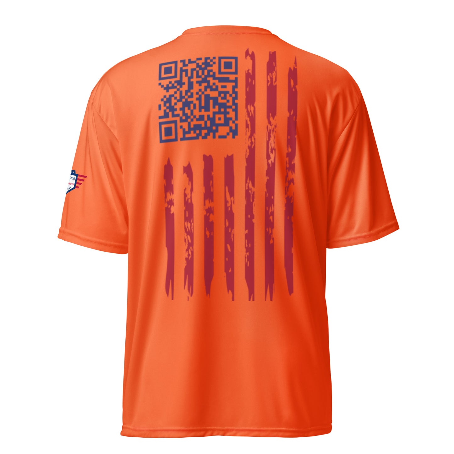 Back view of orange tee hiding QR code easter egg amid distressed flag stripes