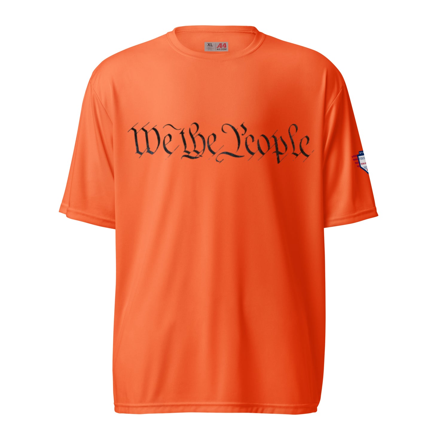 Front view of safety orange performance crew tee boasting black "We the People" script and US flag sleeve patch