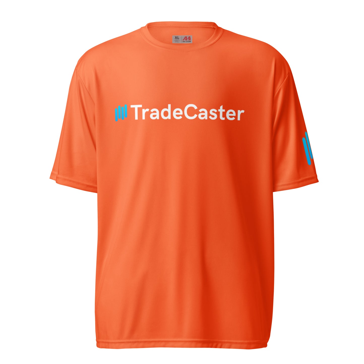 Front view of safety orange TradeCaster crew neck tee boasting cyan ||TradeCaster logo