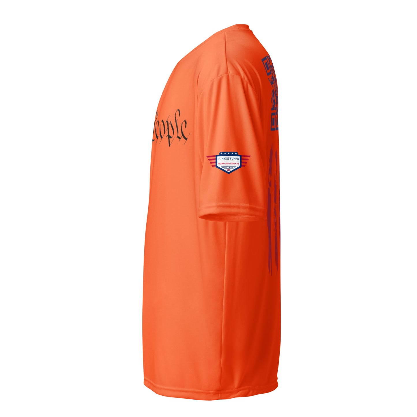 Side view of bright orange performance tee showing partial "eople" script, flag sleeve patch, and red vertical stripes