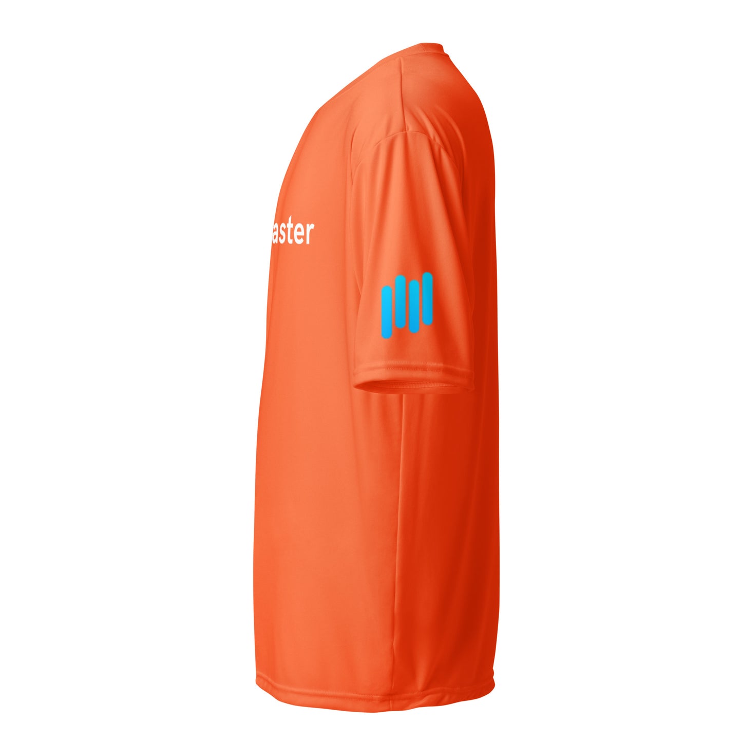Right side view of orange performance t-shirt with cyan sleeve bars and logo hint