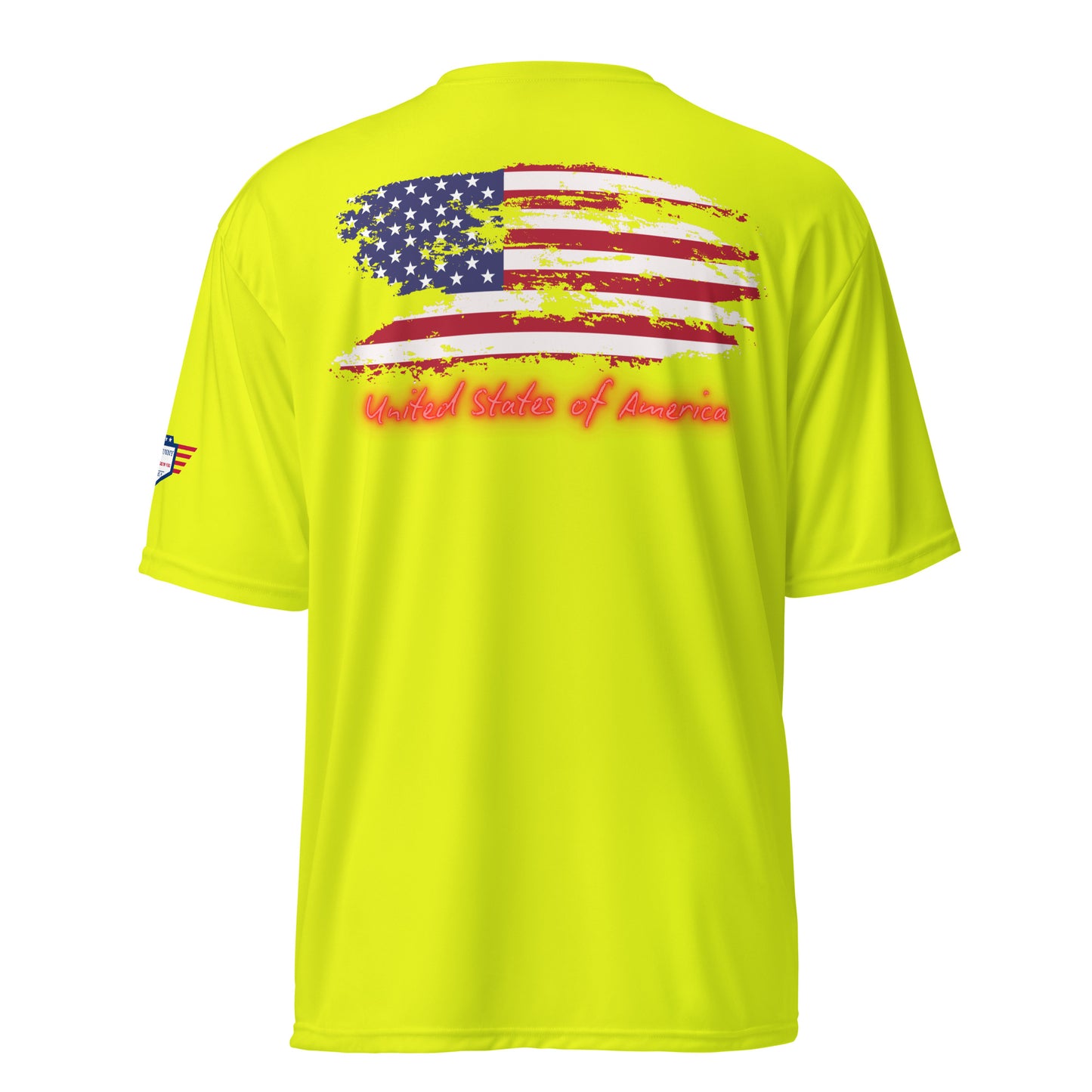 Back view of safety yellow performance tee with faded US flag print and red "United States of America" text