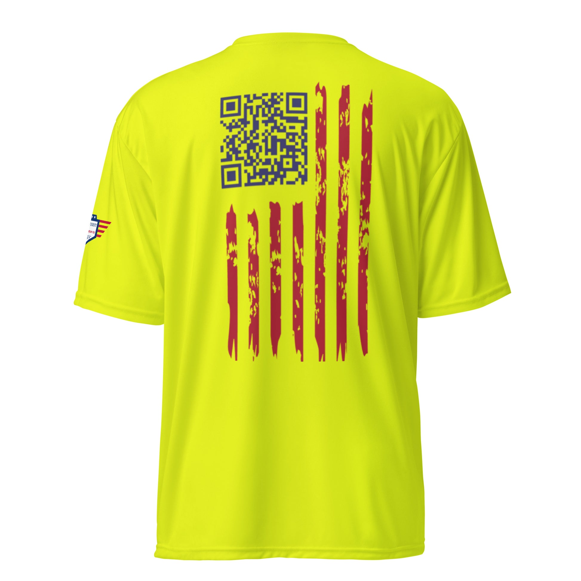 Back view of safety yellow tee with blue QR code easter egg, flag patch and bold red distressed stripes