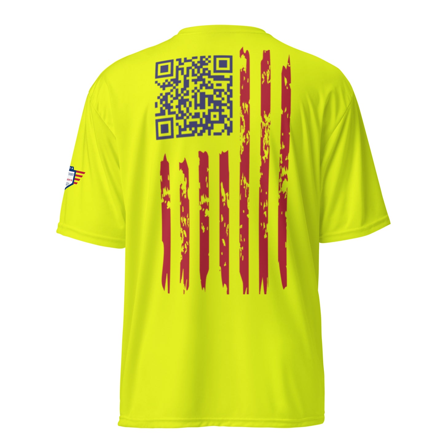 Back view of lime green tee with blue QR code atop distressed red stripes and sleeve flag emblem
