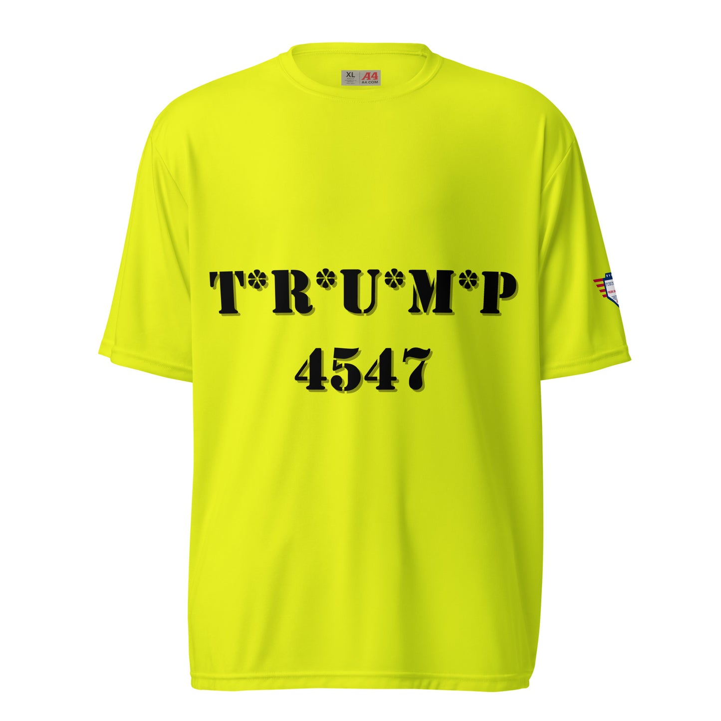 Front view of safety yellow performance crew tee featuring black "T*R*U*M*P 4547" stencil and flag sleeve patch