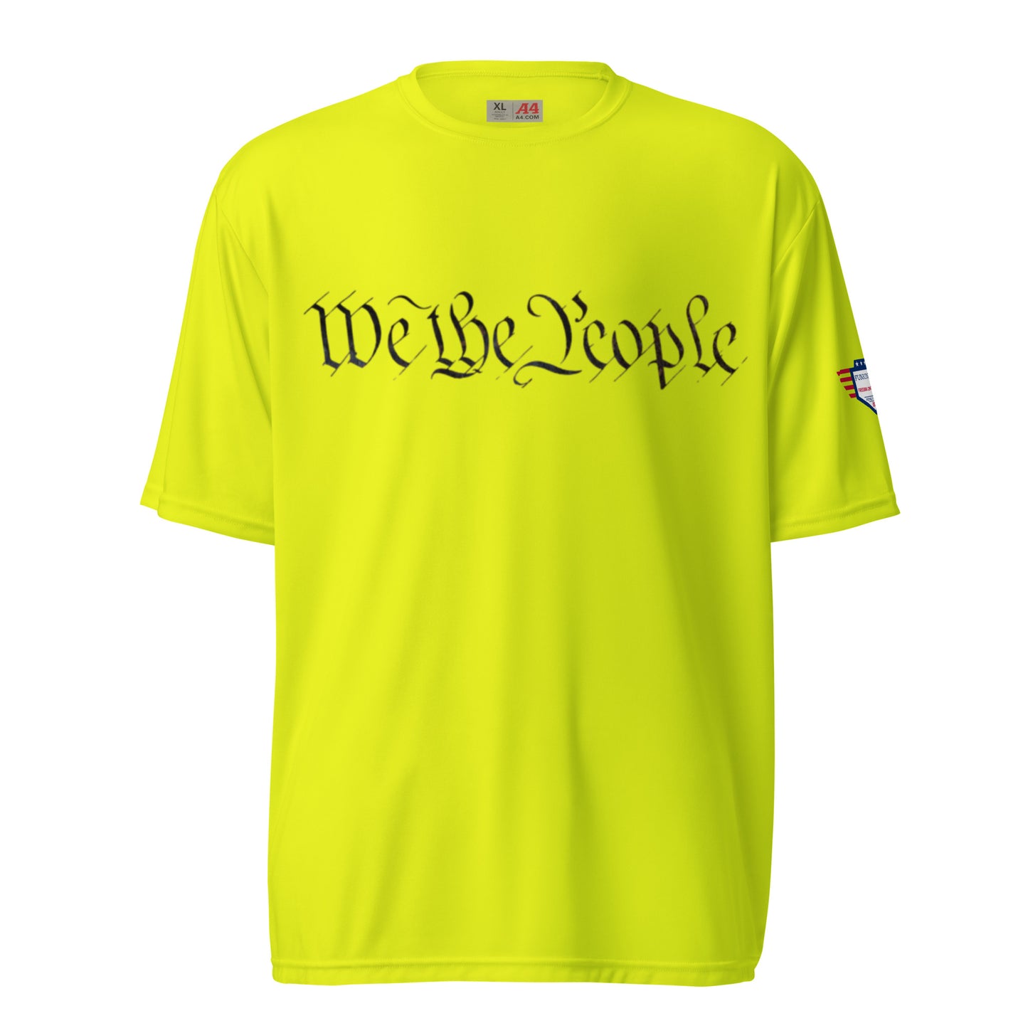 Front view of safety yellow "We the People" unisex performance crew tee, AS tag and flag patch