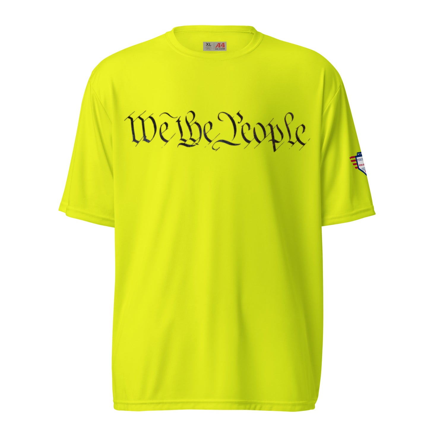 Front view of lime green performance tee with black "We The People" cursive print and flag patch