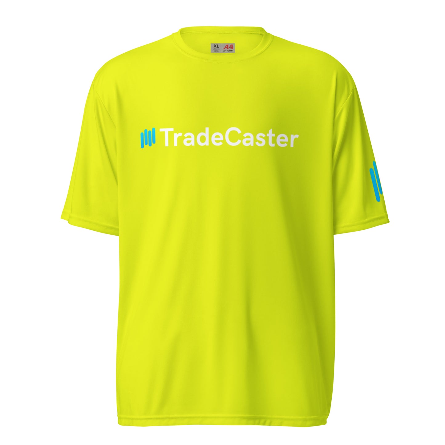 Front view of bright safety yellow TradeCaster tee with cyan ||TradeCaster print and sleeve accent