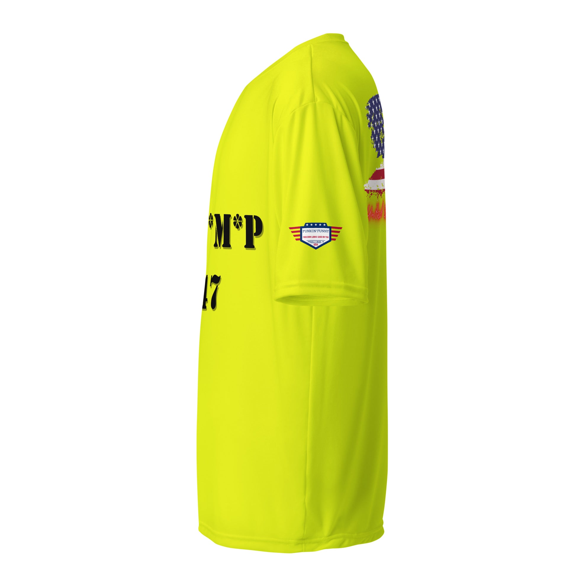 Right side view of safety yellow performance crew tee showing partial "T*R*U*M*P 4547" and flag sleeve patch