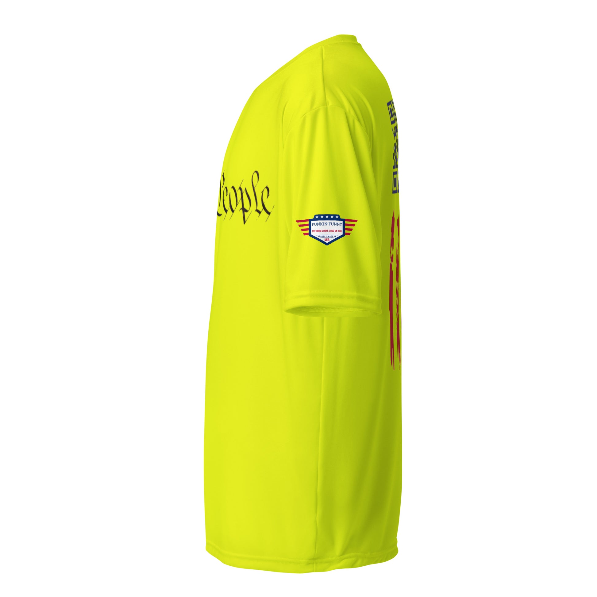 Side view of safety yellow "We the People" performance tee, flag patch and vertical stripe