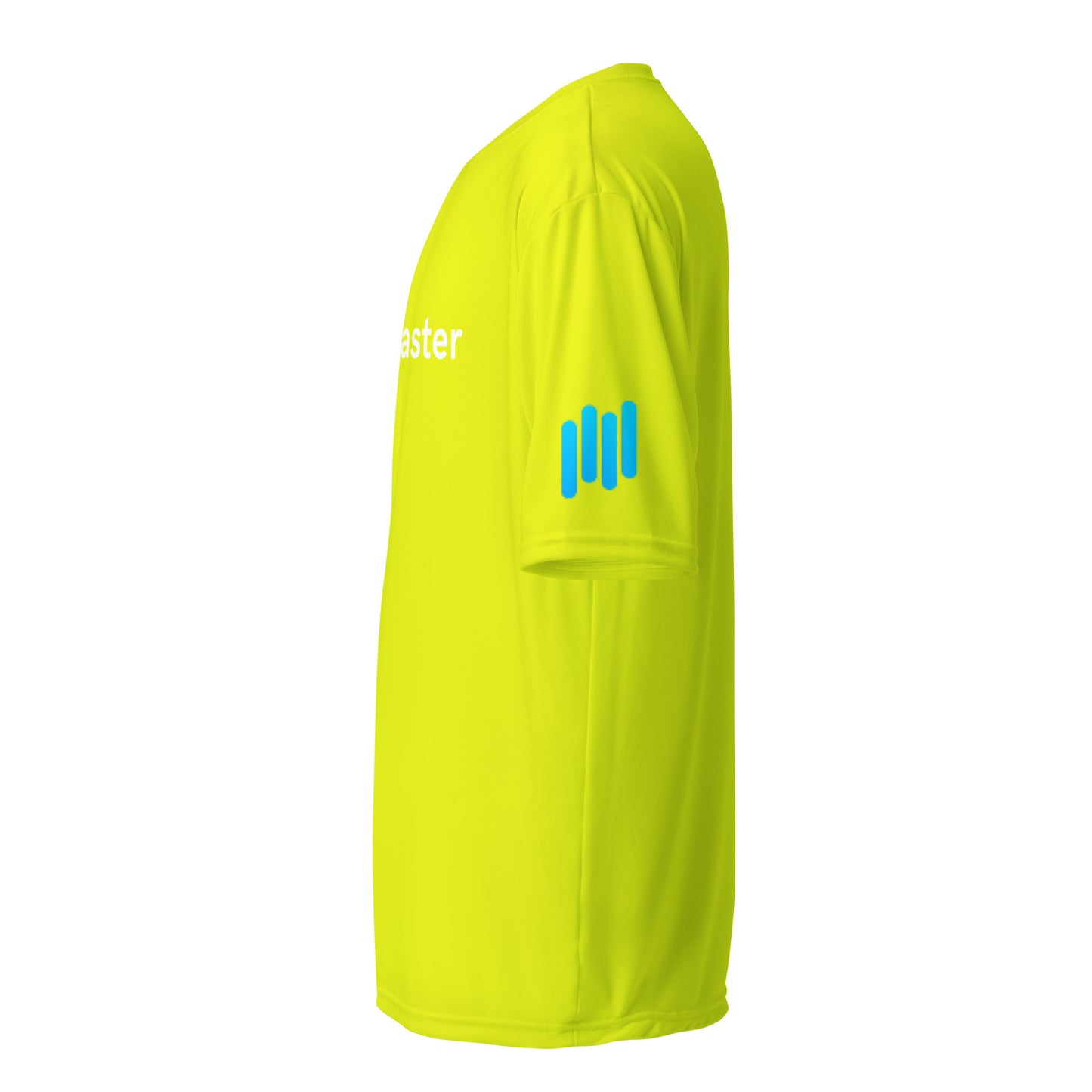 Right side view of safety yellow performance tee with cyan sleeve bars and partial logo peek