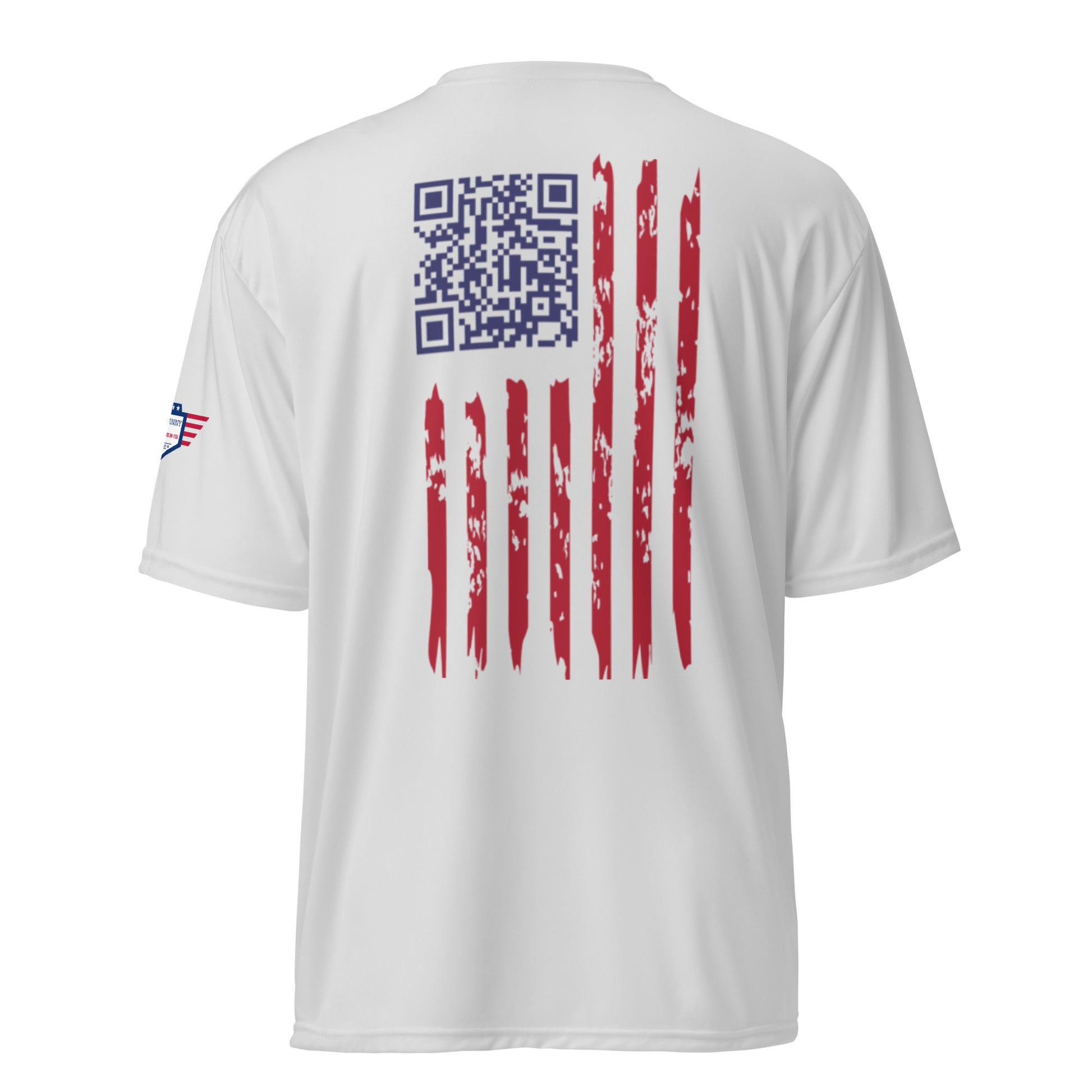 Side view of white "We the People" performance tee with flag sleeve patch and vertical stripe