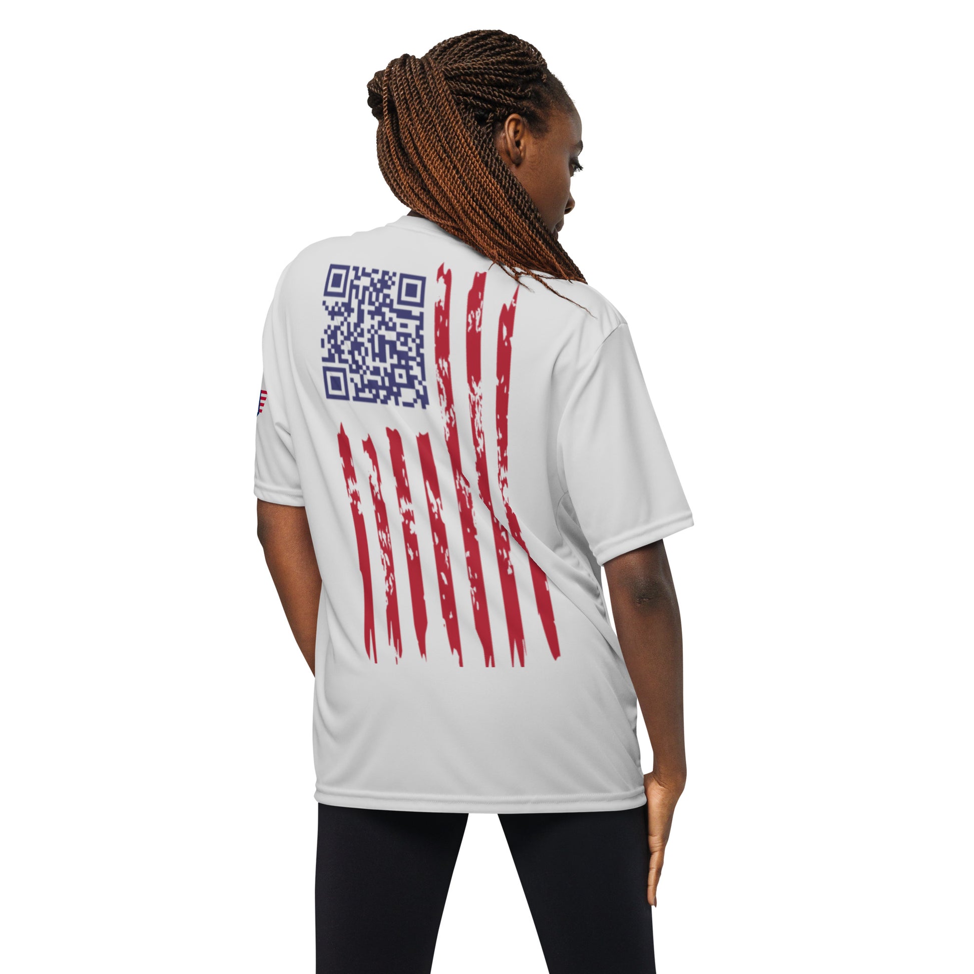 Back view of braided woman in light gray performance tee: QR code hidden in blue-red flag streaks