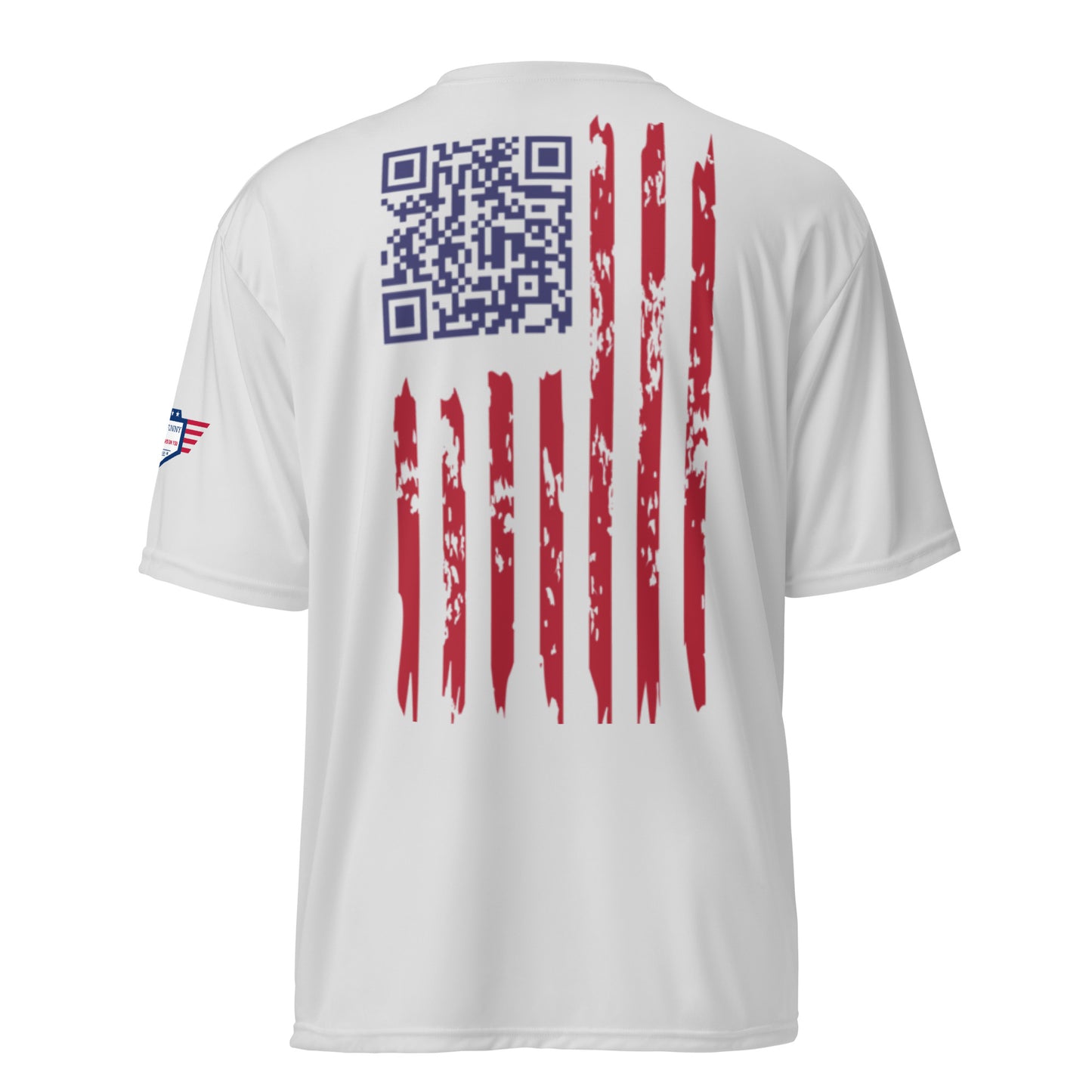 Back view of white performance tee featuring blue QR code over faded red flag stripes, flag patch