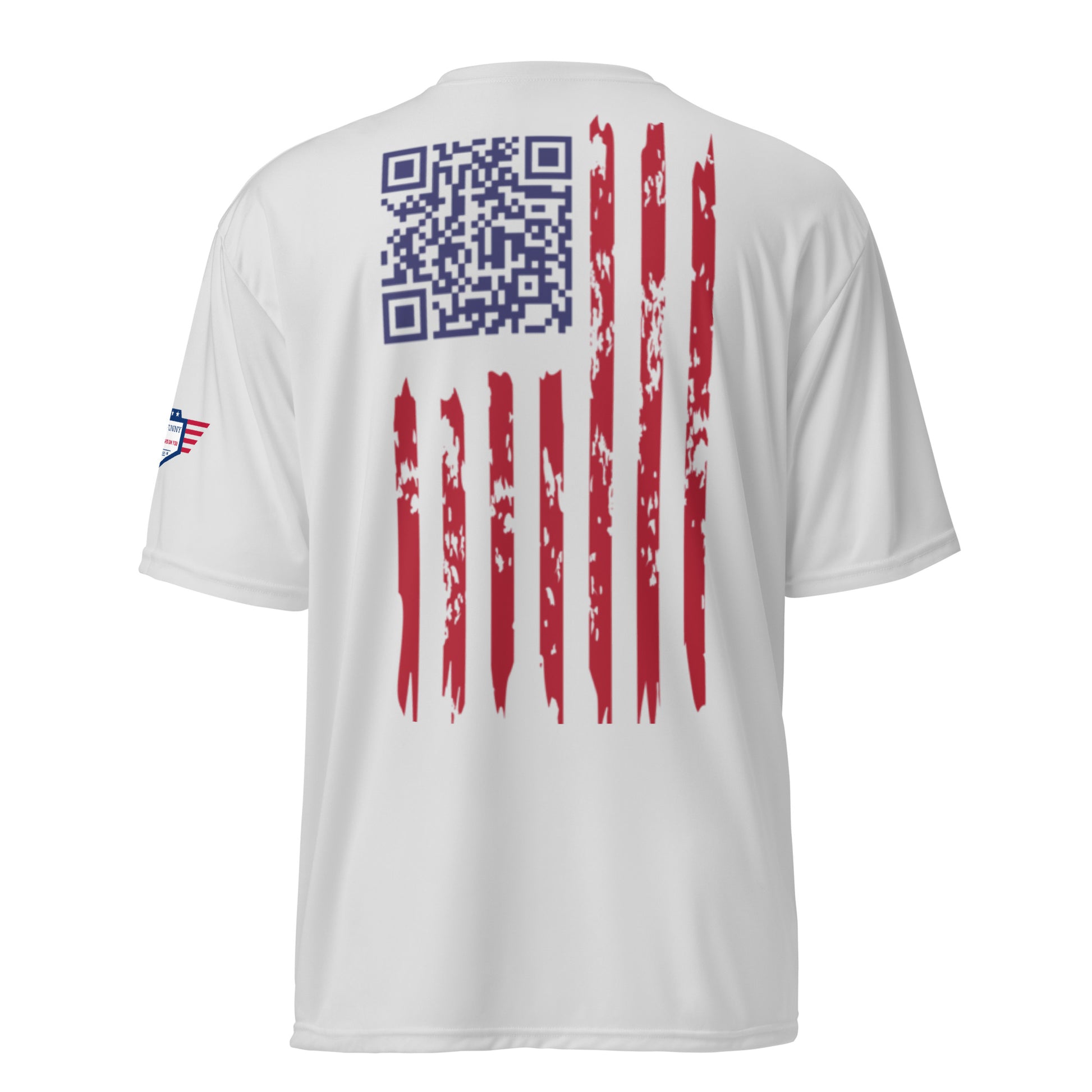 Back view of white performance tee featuring blue QR code over faded red flag stripes, flag patch
