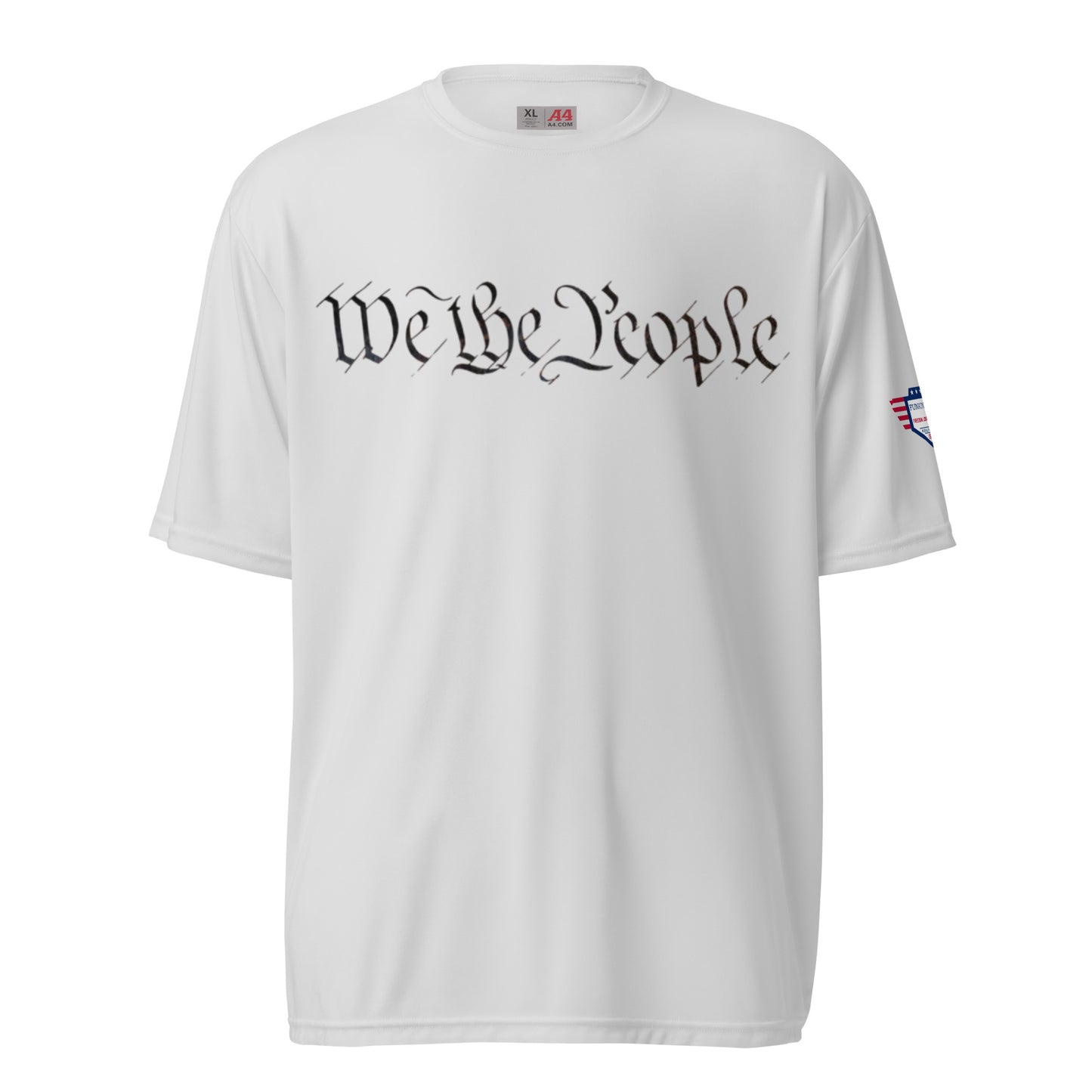 Front view of white unisex tee with black "We The People" script and flag sleeve patch
