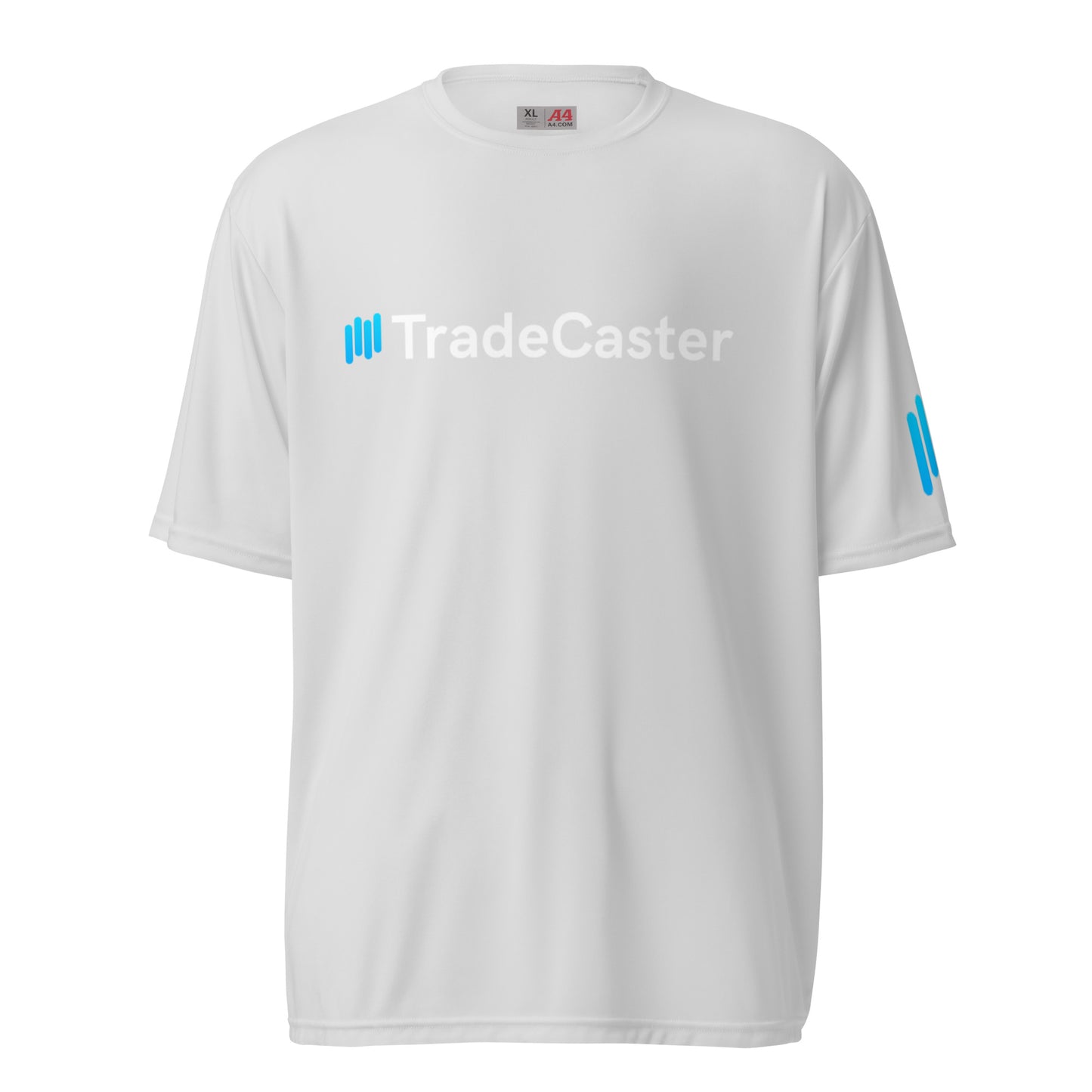 Front view of white unisex performance crew tee with cyan ||TradeCaster logo and sleeve bars