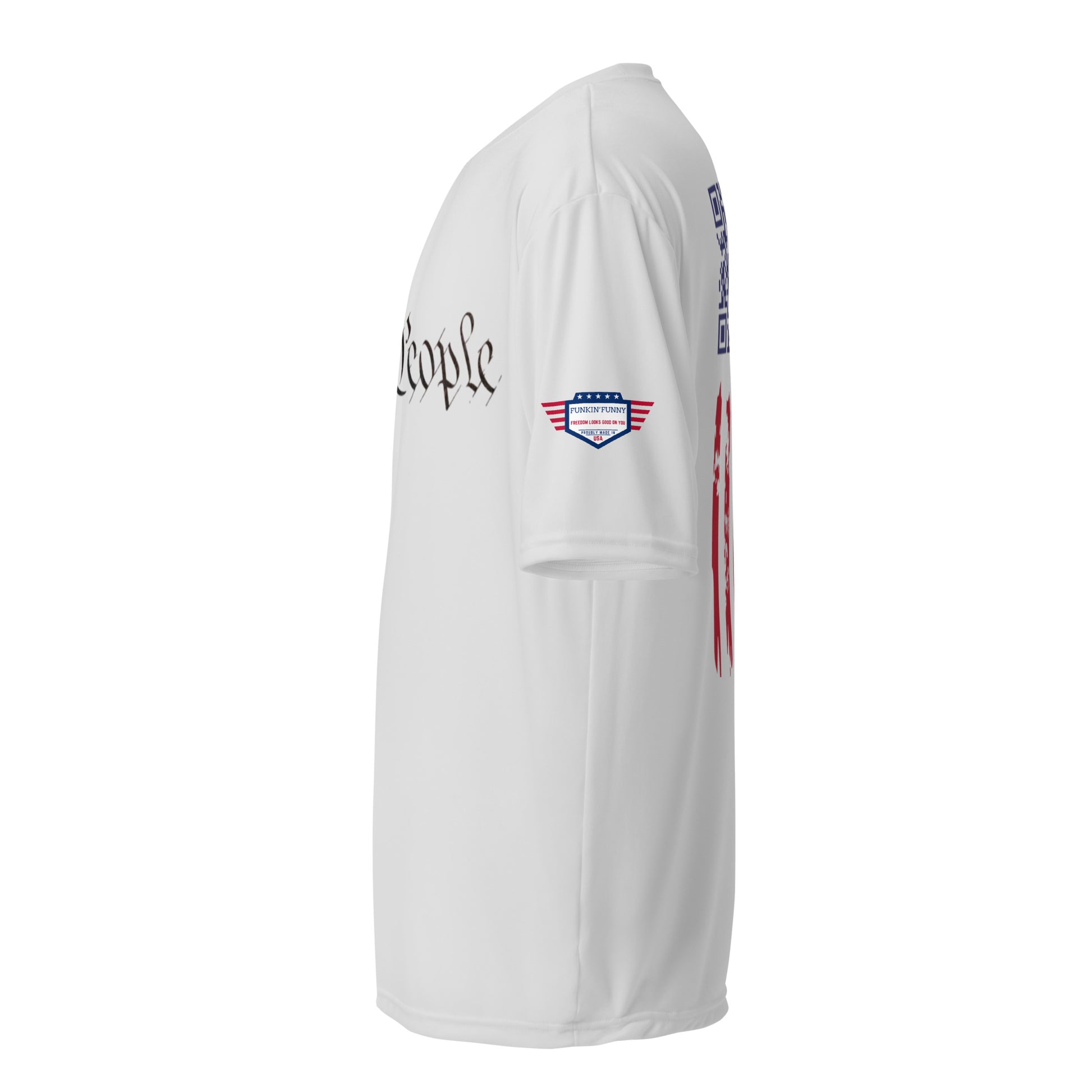 Back view of white performance tee featuring blue QR code, flag emblem and distressed red flag stripes