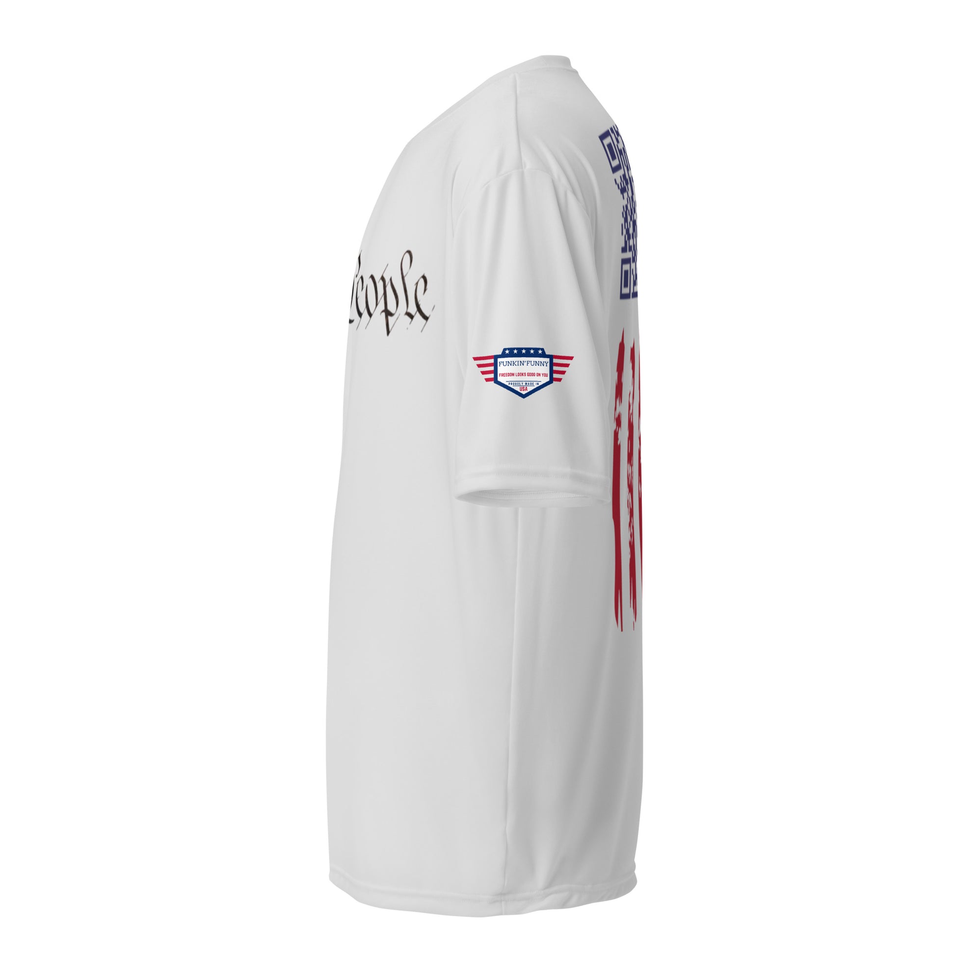 Side view of white tee revealing partial script text, flag sleeve patch, and red vertical stripes