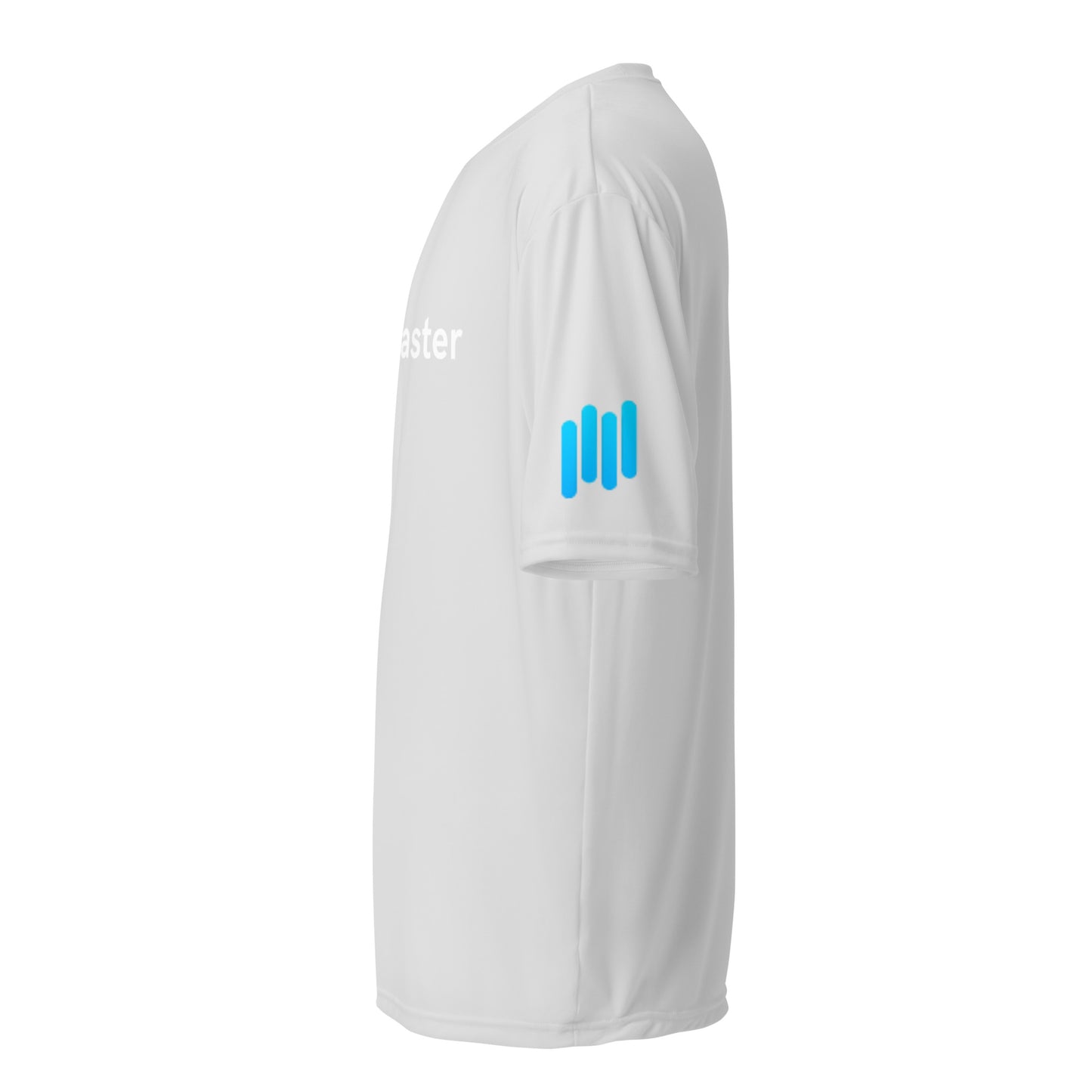 Right side view of white TradeCaster performance tee showing cyan sleeve bars and subtle chest logo edge
