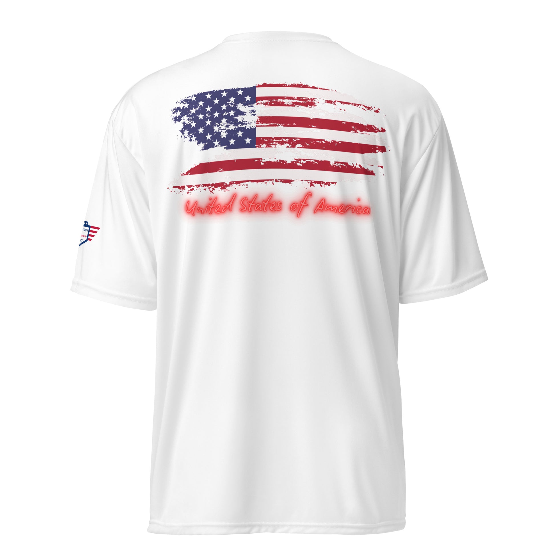 Back view of white performance crew tee with grunge US flag and cursive "United States of America" below