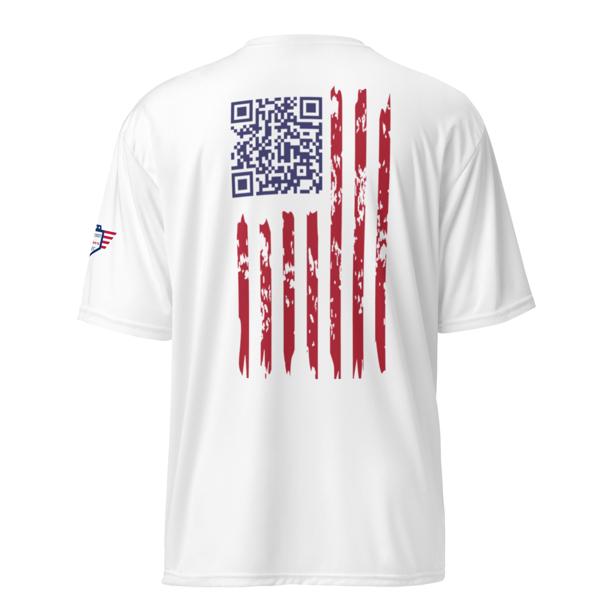 Back view of white performance tee with blue QR code, small flag and distressed red stripes