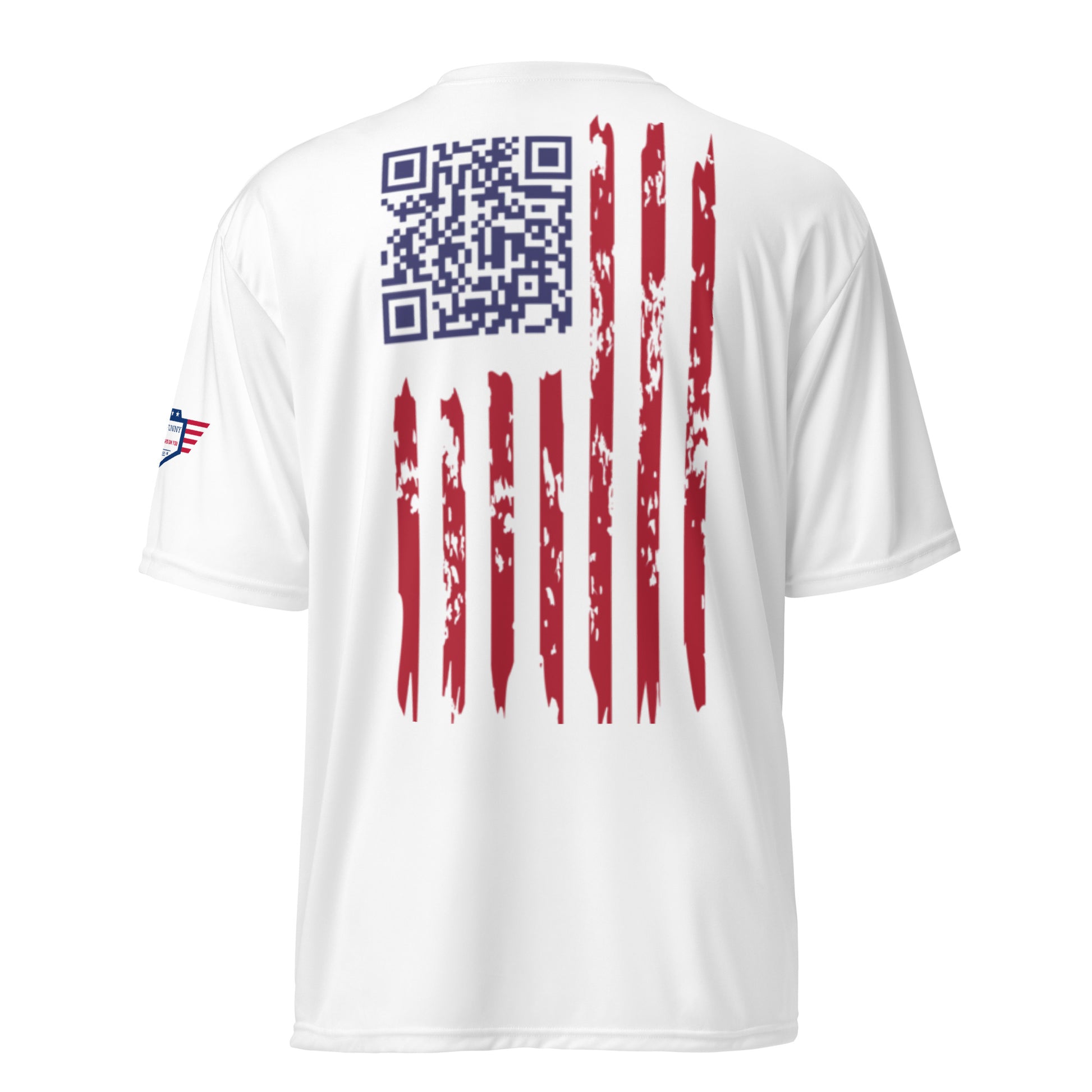 Back view of white performance t-shirt with central blue QR code and rugged red flag stripes