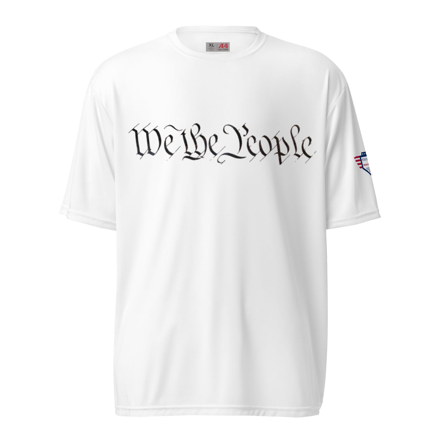 Front view of white "We the People" unisex performance crew tee with AS tag and flag sleeve patch