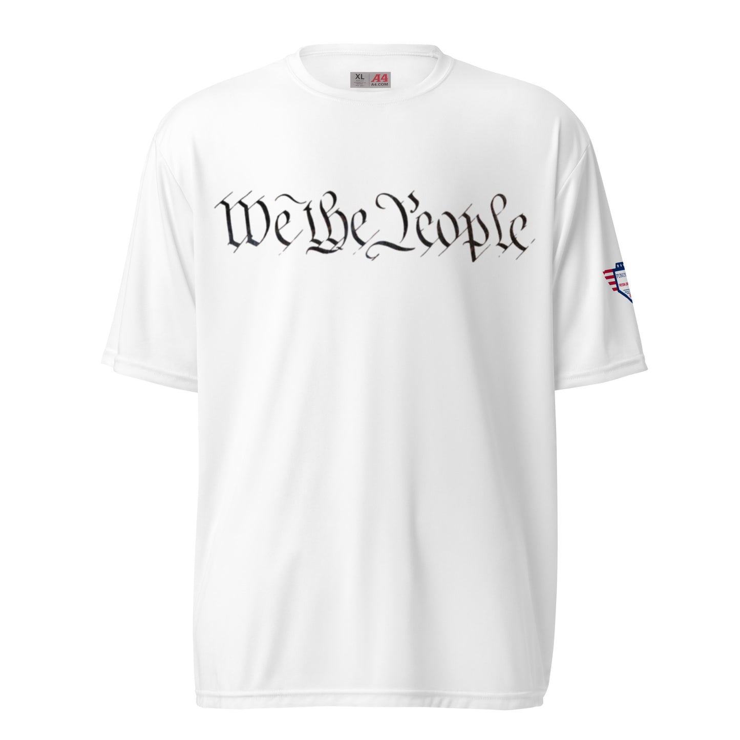 Front view of white crew neck tee displaying "We The People" in elegant black script, flag patch