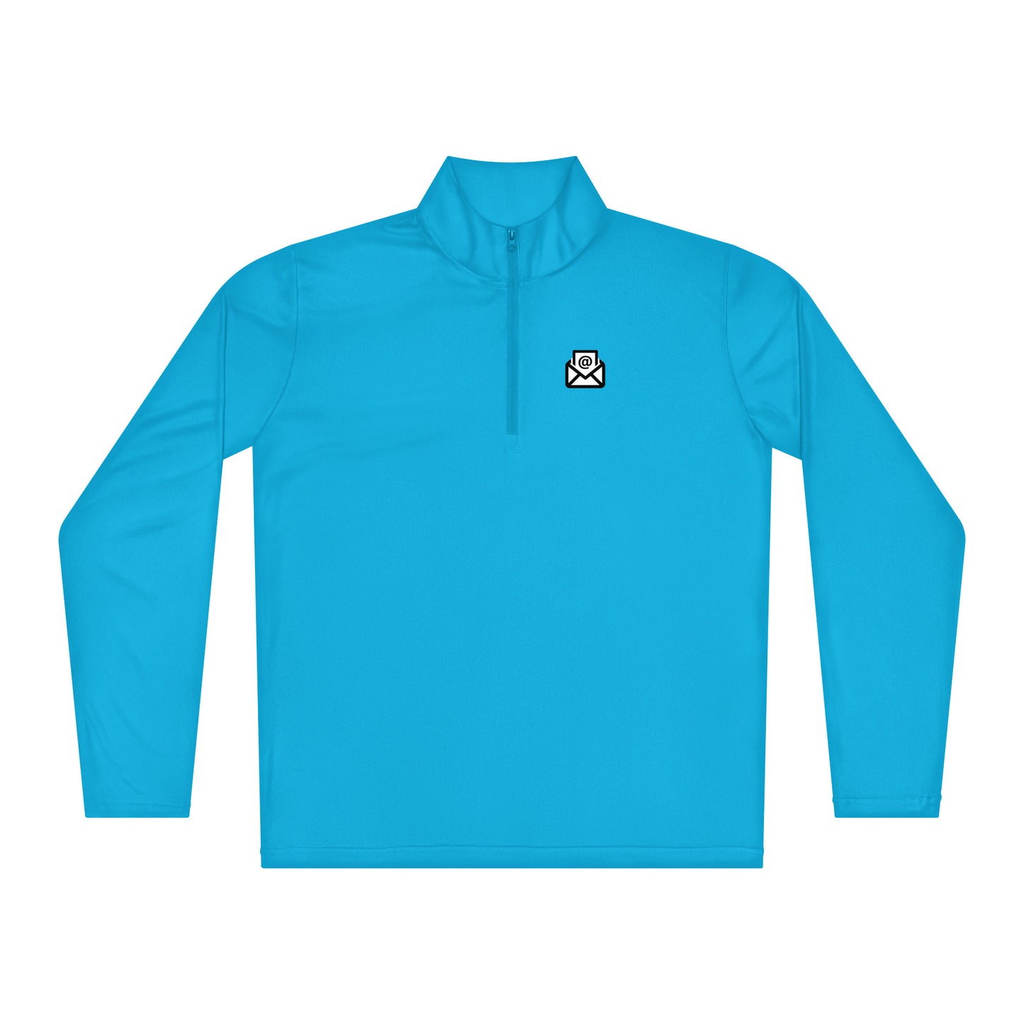 Back view of atomic blue quarter-zip pullover printed "THIS MEETING COULD'VE BEEN AN EMAIL" in white