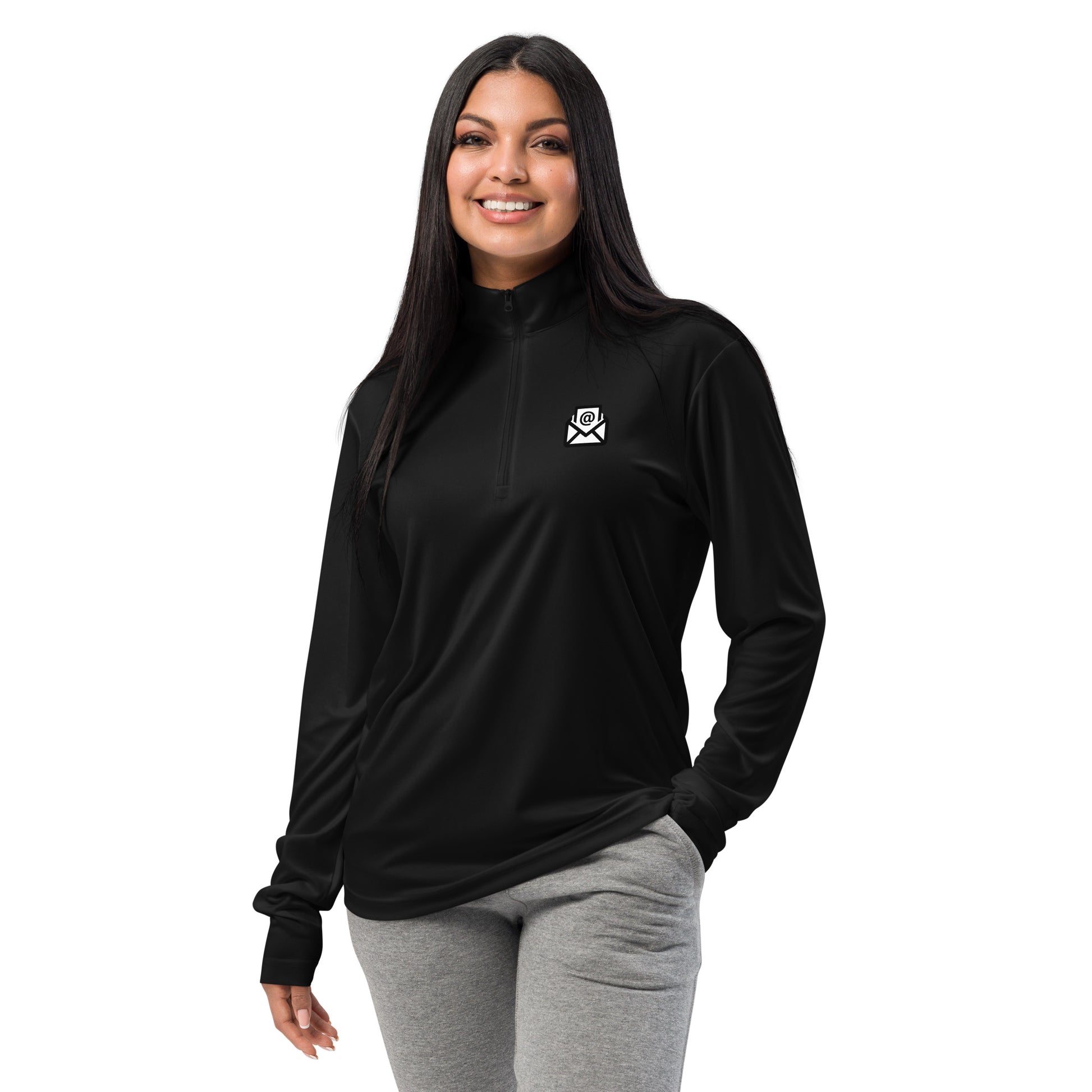 Front view of black quarter-zip pullover featuring white email envelope icon on left chest, sleek zipper up