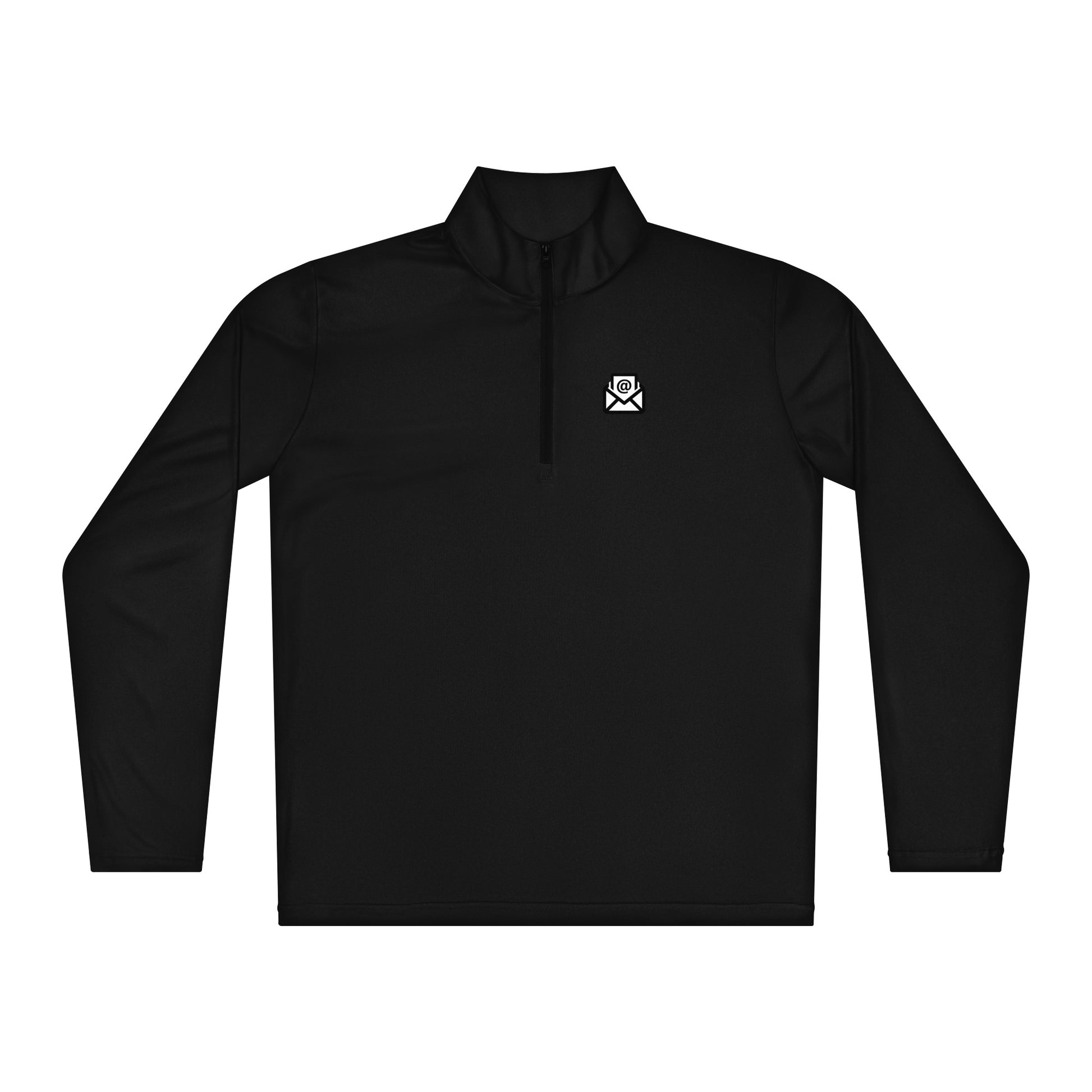 Front view of navy quarter-zip pullover with crisp white email envelope icon on chest, collar details