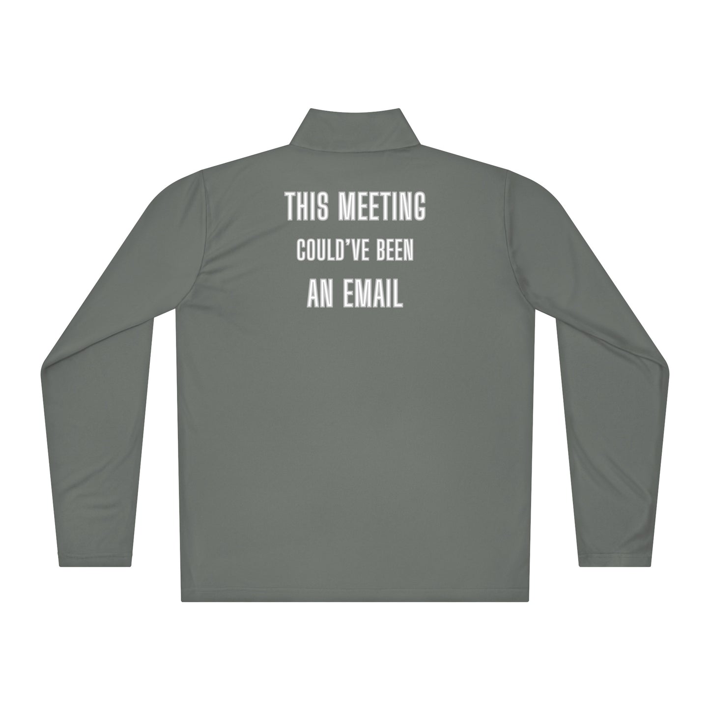 Front view of atomic blue quarter-zip pullover with standout white email envelope icon on chest