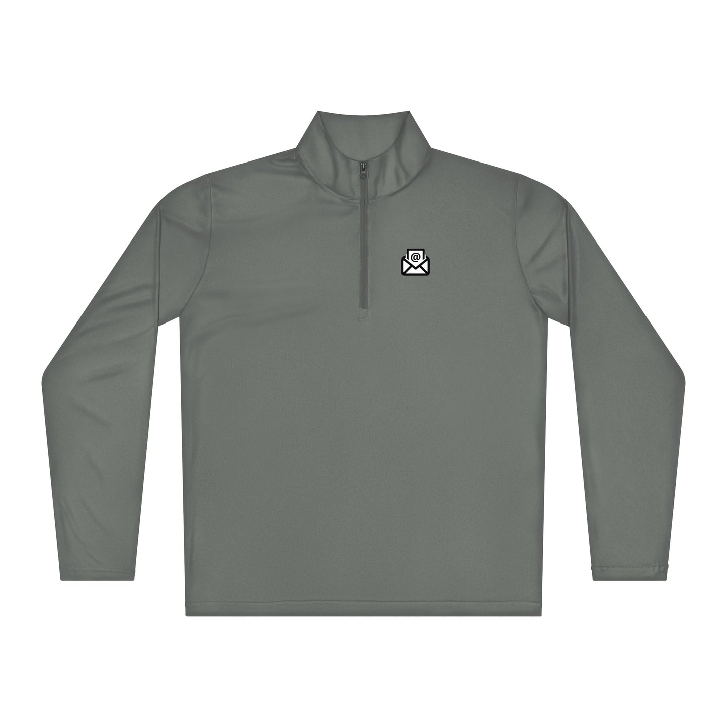Front view of grey quarter-zip pullover highlighting white envelope icon, lightweight fabric shine