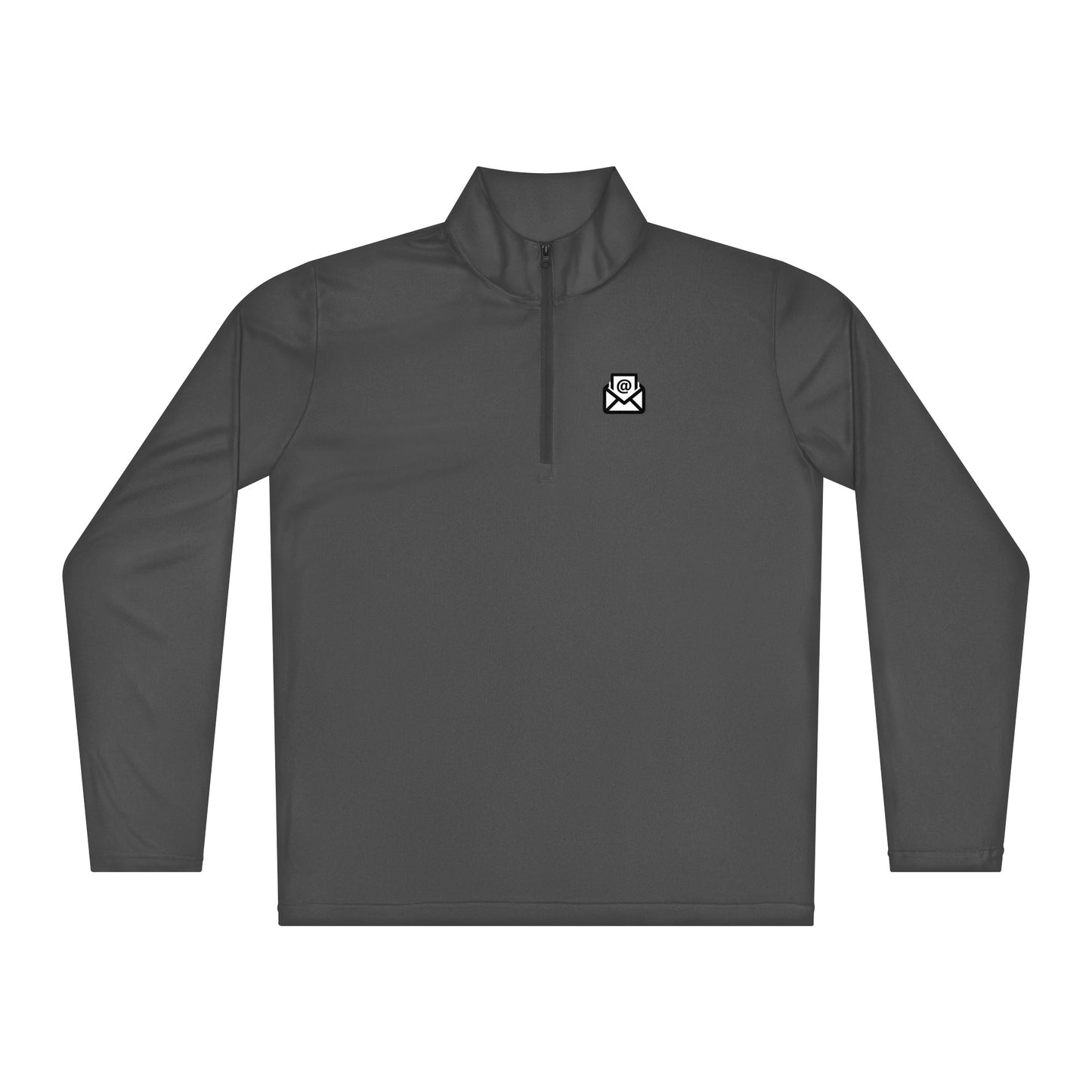 Front view of grey quarter-zip pullover showing white email envelope icon and smooth metal zipper pull