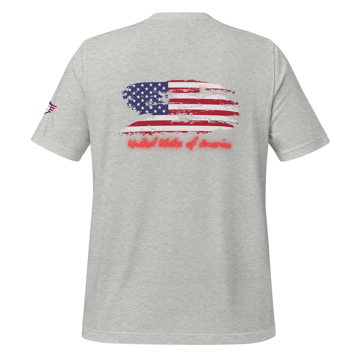 Heather gray t-shirt back with rugged US flag and neon "United States of America"