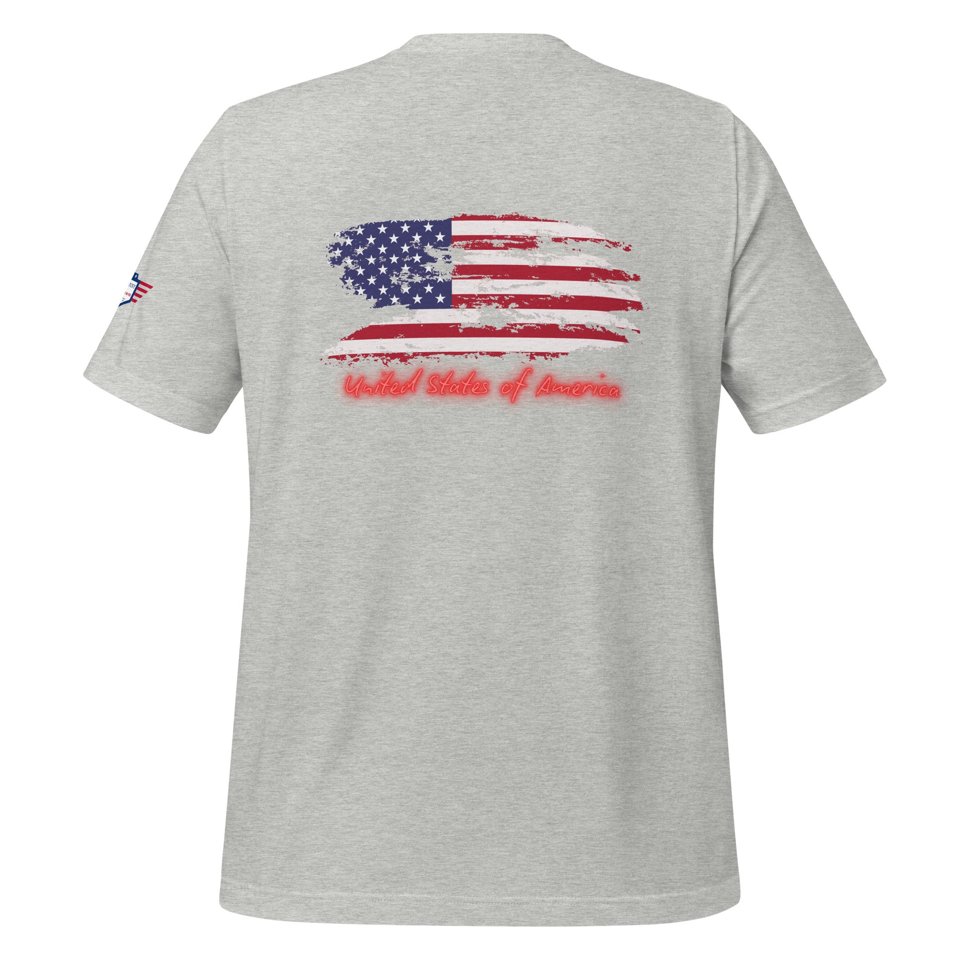Heather gray t-shirt back with rugged US flag and neon "United States of America"