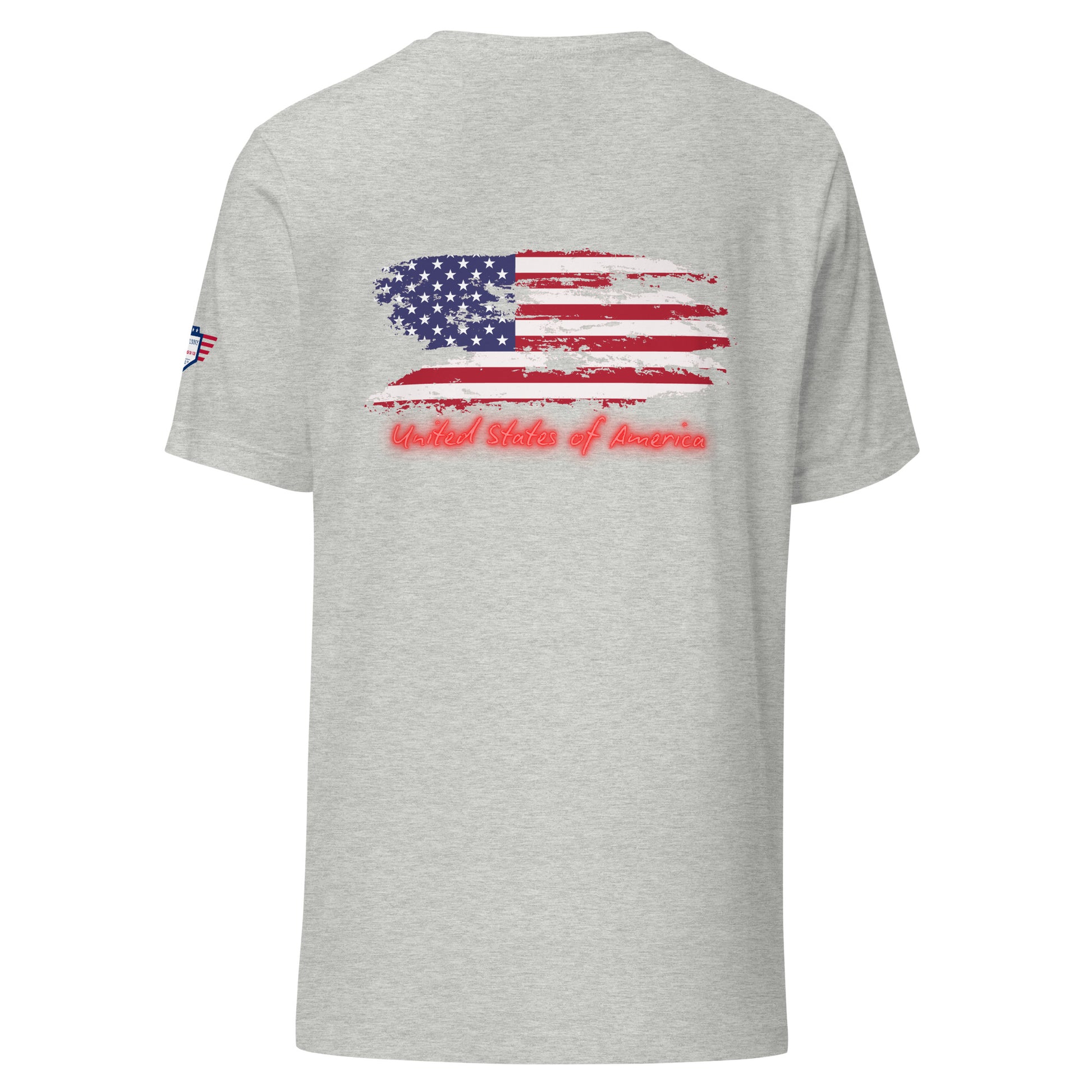 Back view of heather gray unisex t-shirt with distressed US flag and red "United States of America" script