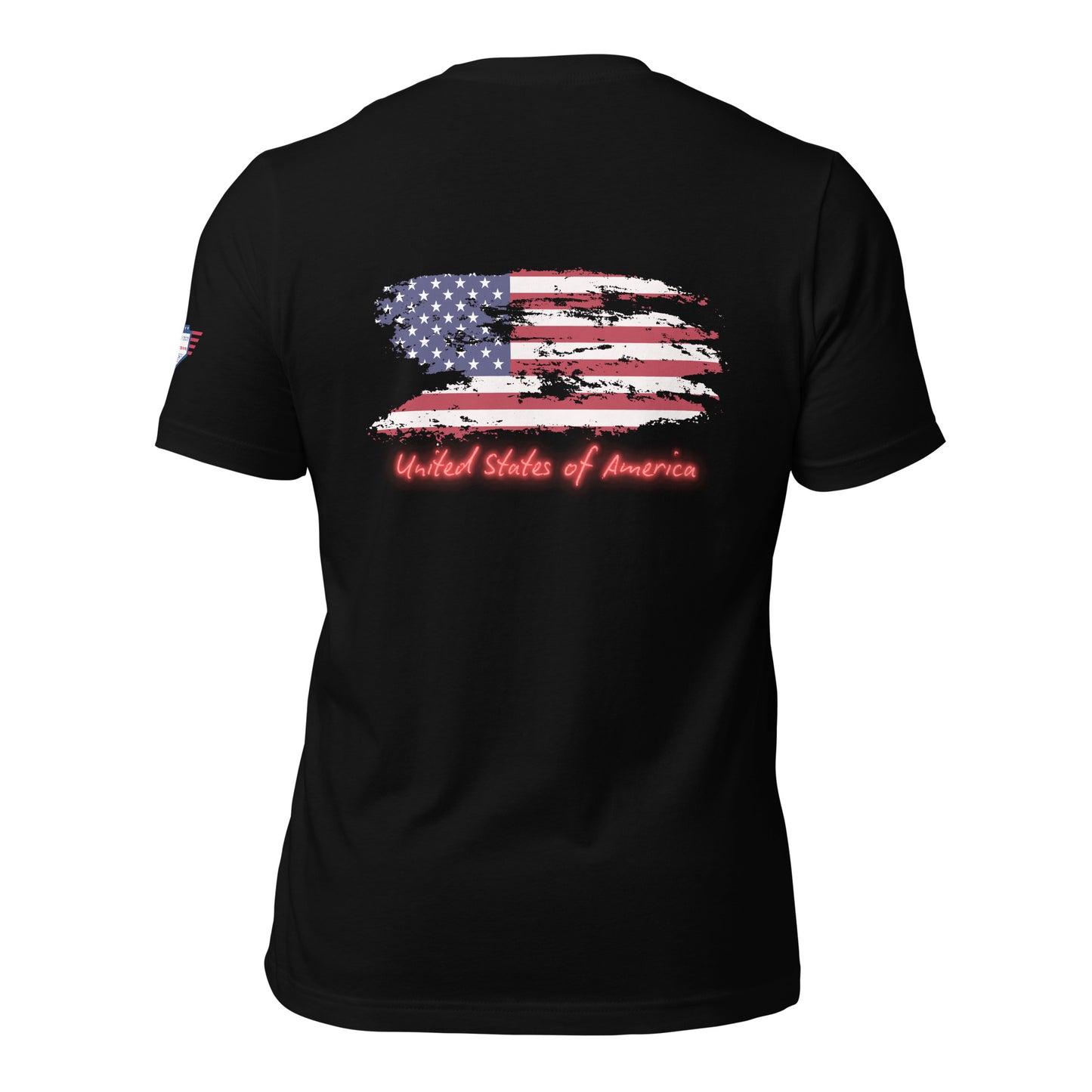 Black unisex t-shirt back featuring distressed US flag and glowing "United States of America"