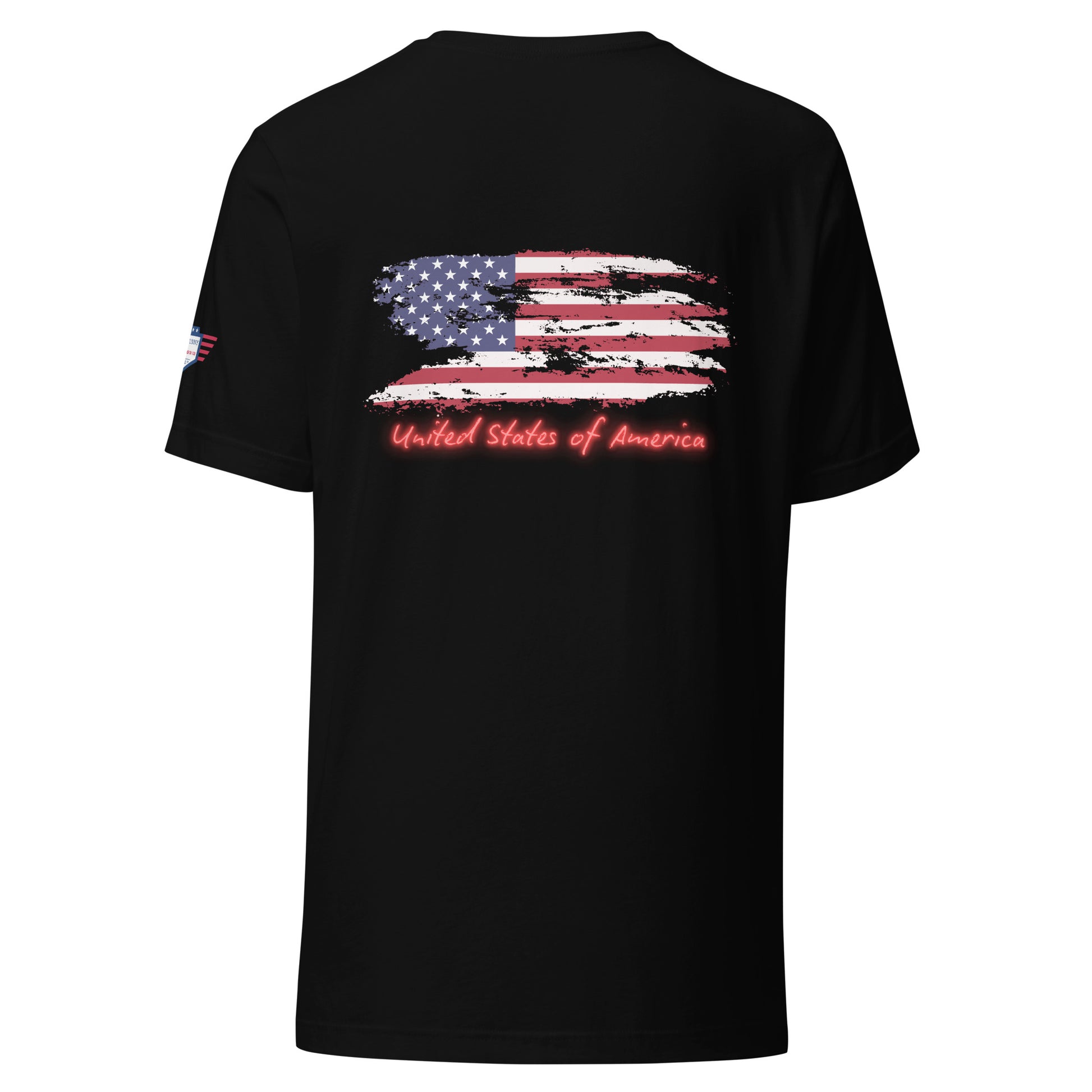 Back view of black "Orange Man Bad" unisex t-shirt with grunge American flag and red-glow "United States of America"