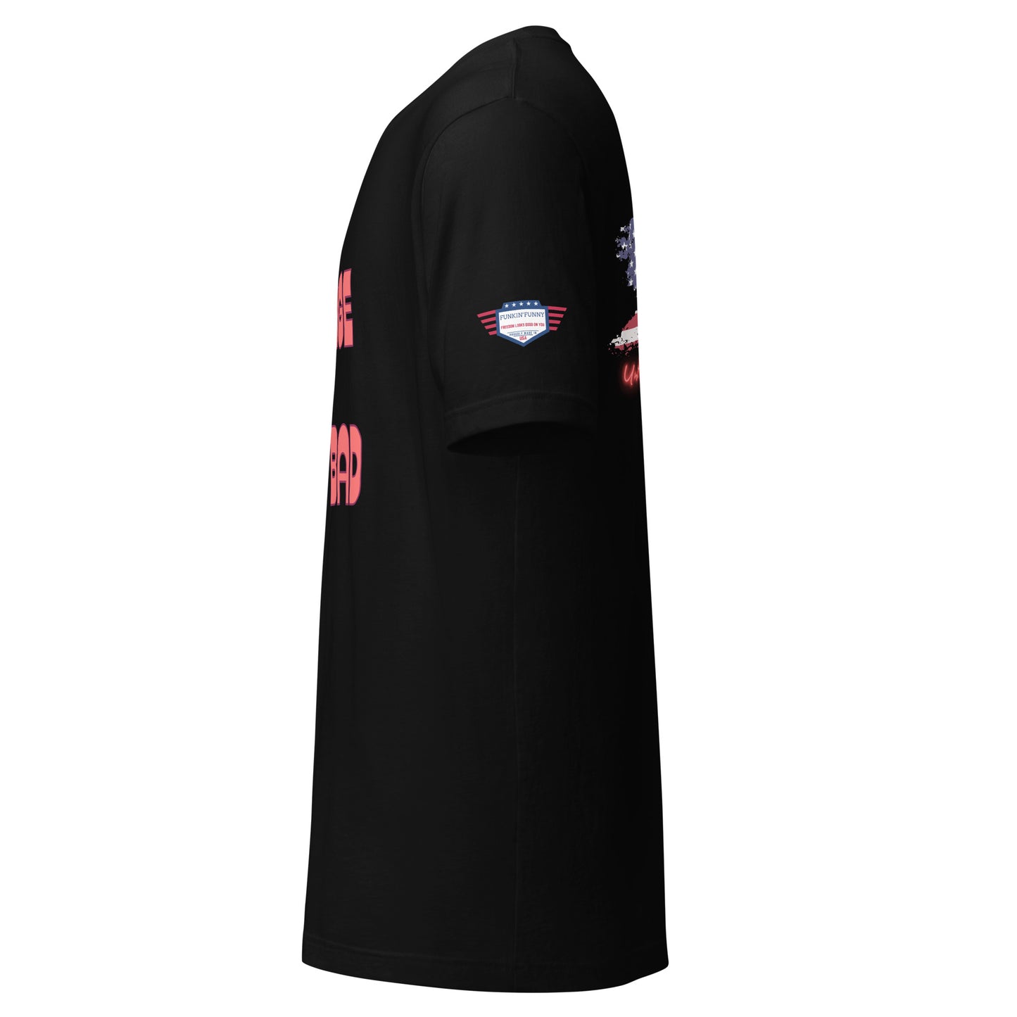 Right side view of black unisex t-shirt showing partial pink "MAN BAD" text and flag sleeve patch