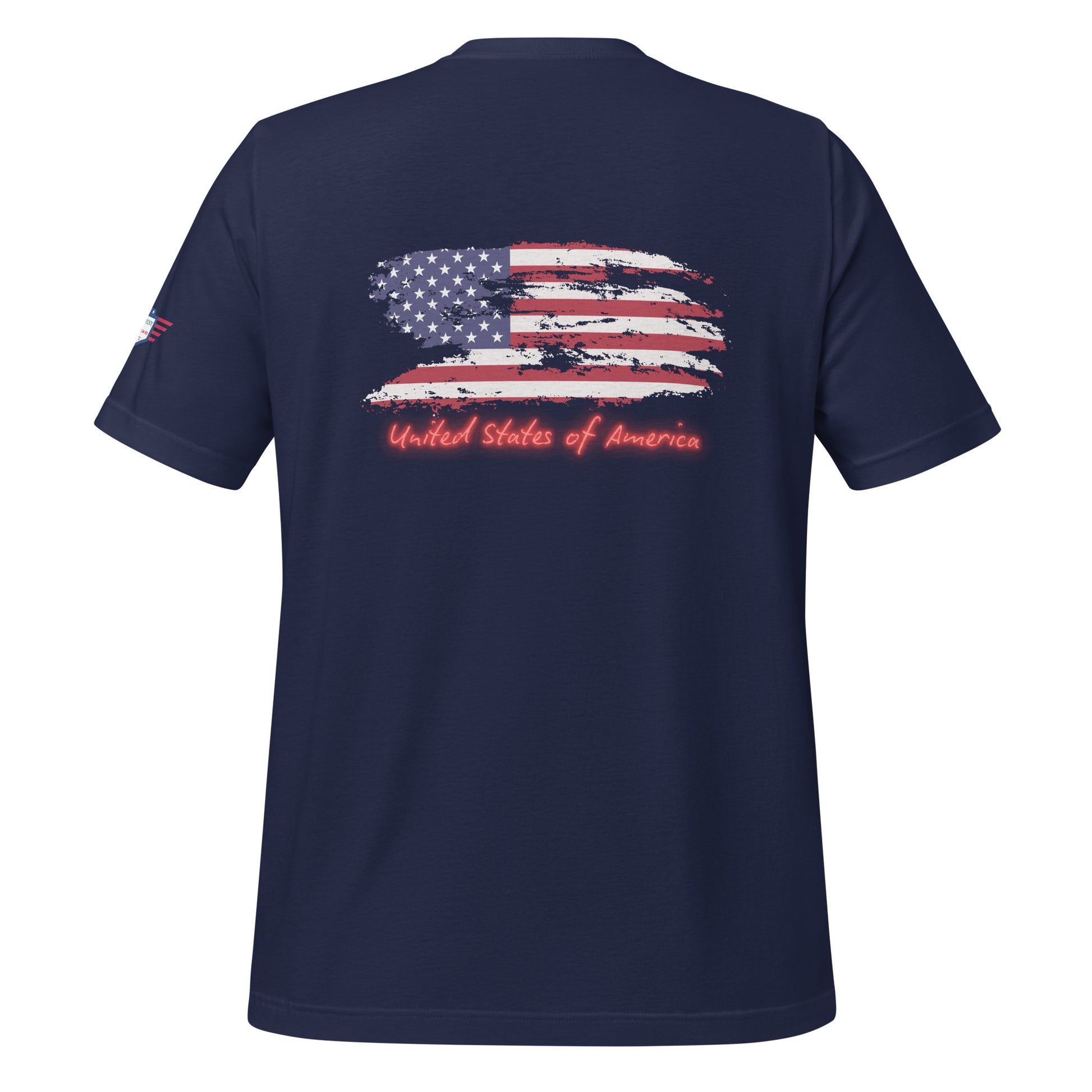 Navy t-shirt back with brushed American flag print and red-glow "United States of America"