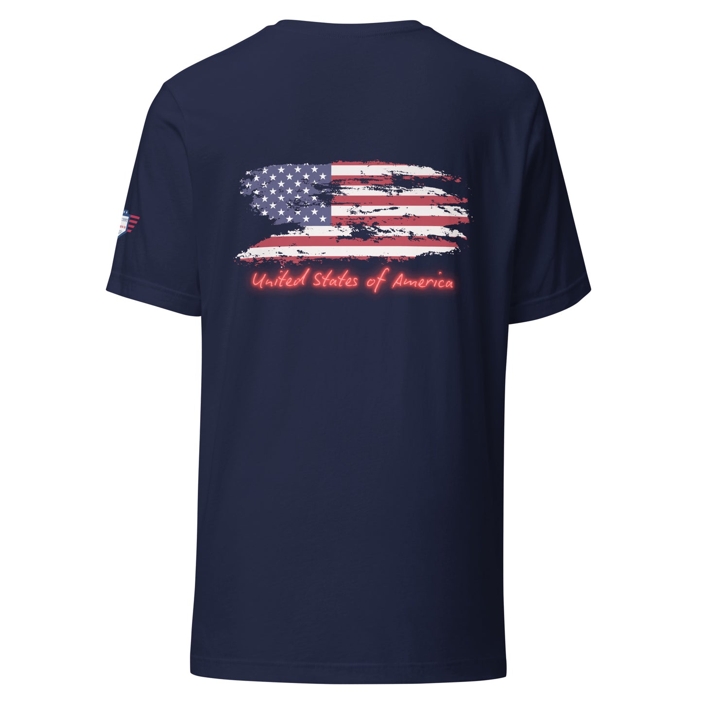 Back view of navy "Orange Man Bad" unisex t-shirt with distressed flag graphic and red "United States of America"