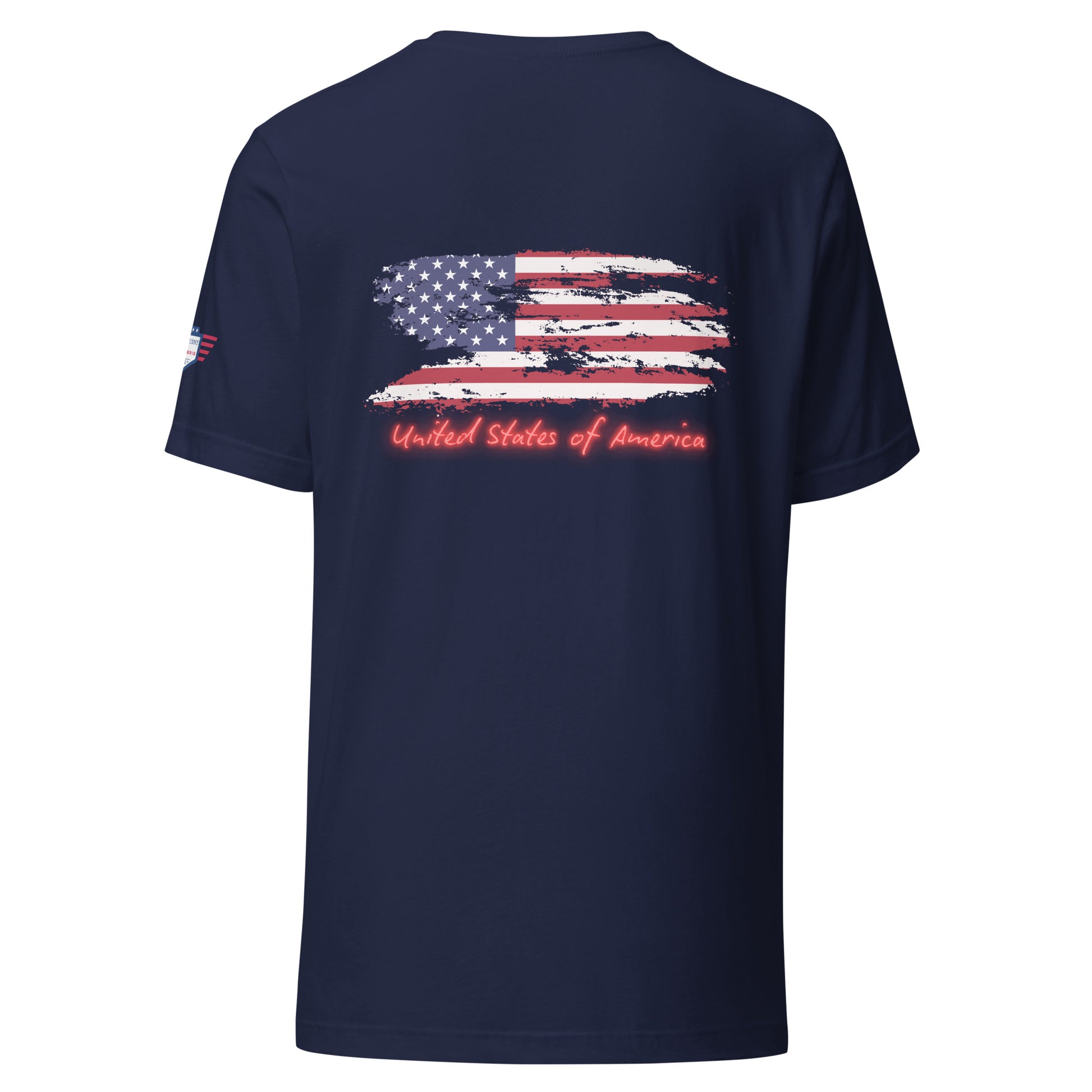 Back view of navy "Orange Man Bad" unisex t-shirt with distressed flag graphic and red "United States of America"