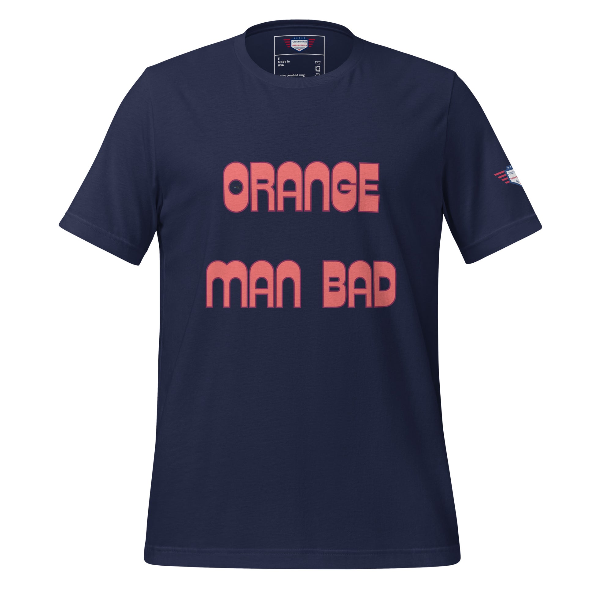 Navy "Orange Man Bad" unisex tee front in punchy pink font with sleeve flag detail
