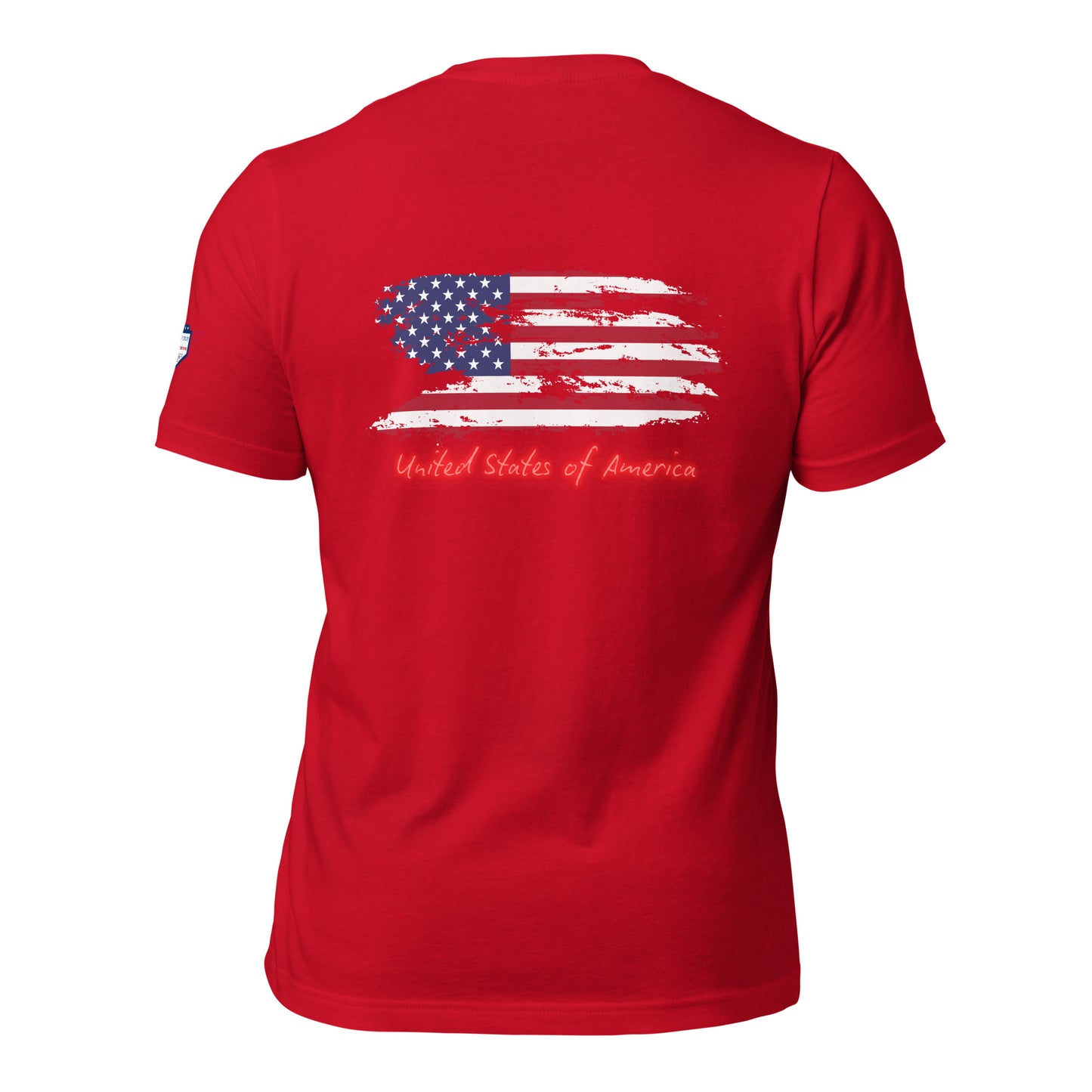 Red unisex tee back showing faded US flag and lit "United States of America"