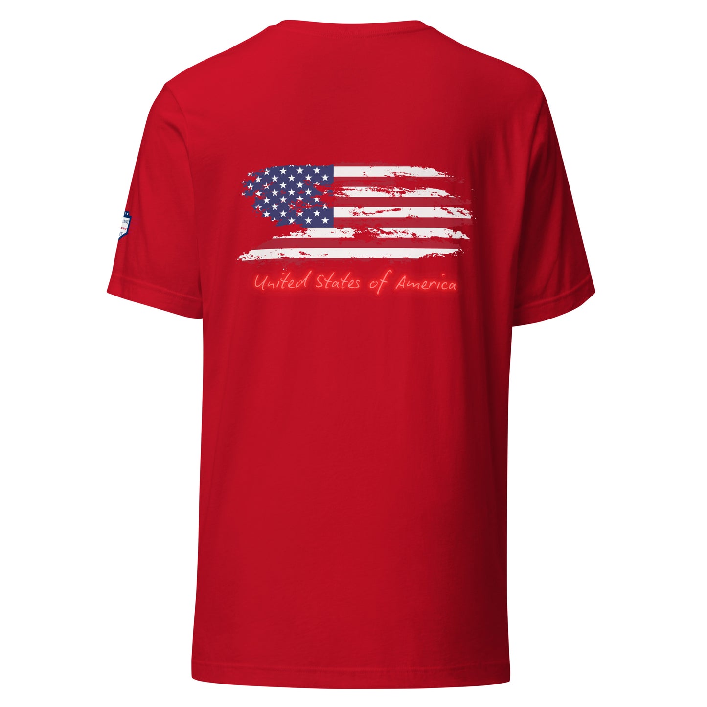 Back view of red unisex t-shirt with weathered American flag print and glowing red "United States of America"